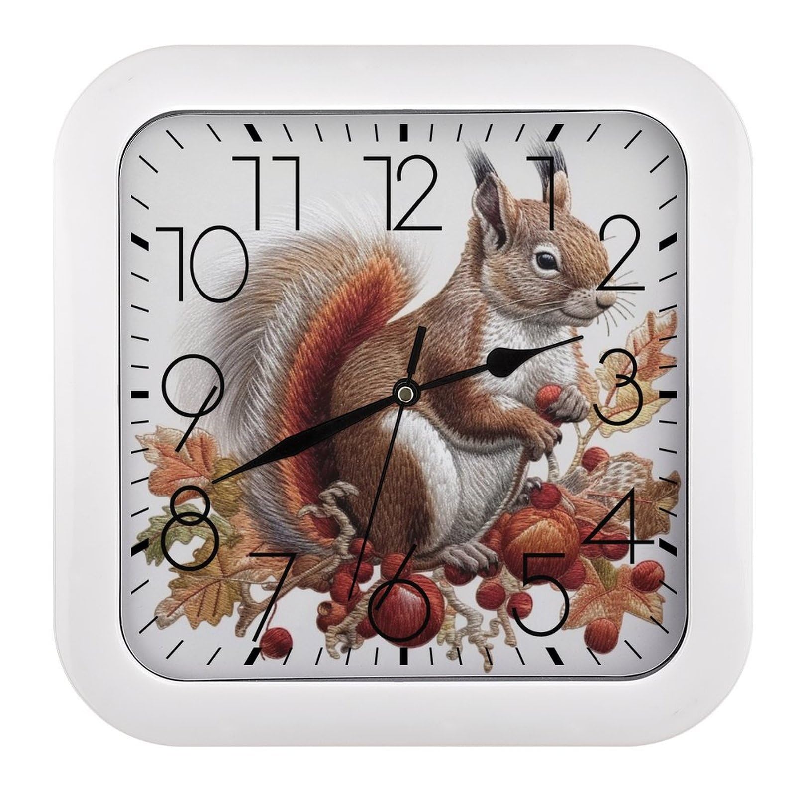 NTVOWPZO 10 Inch Wall Clock Leaves and Squirrel Battery Operated Wall Clocks Silent Non-Ticking Square Wall Clock for Living Room Kitchen Home Office Wall Decorative Clocks