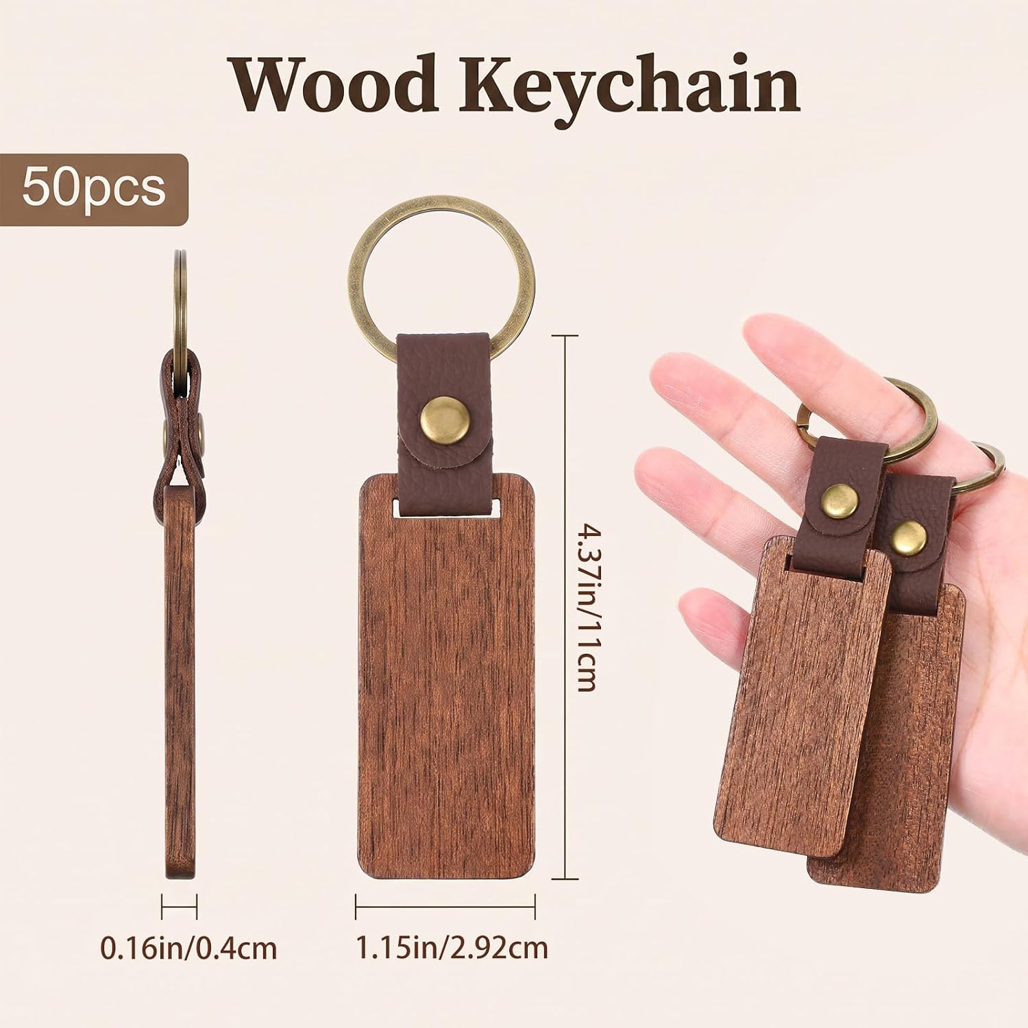 50-Pack Leather Keychain Blanks Wood Keychain with Metal Ring for Engraving