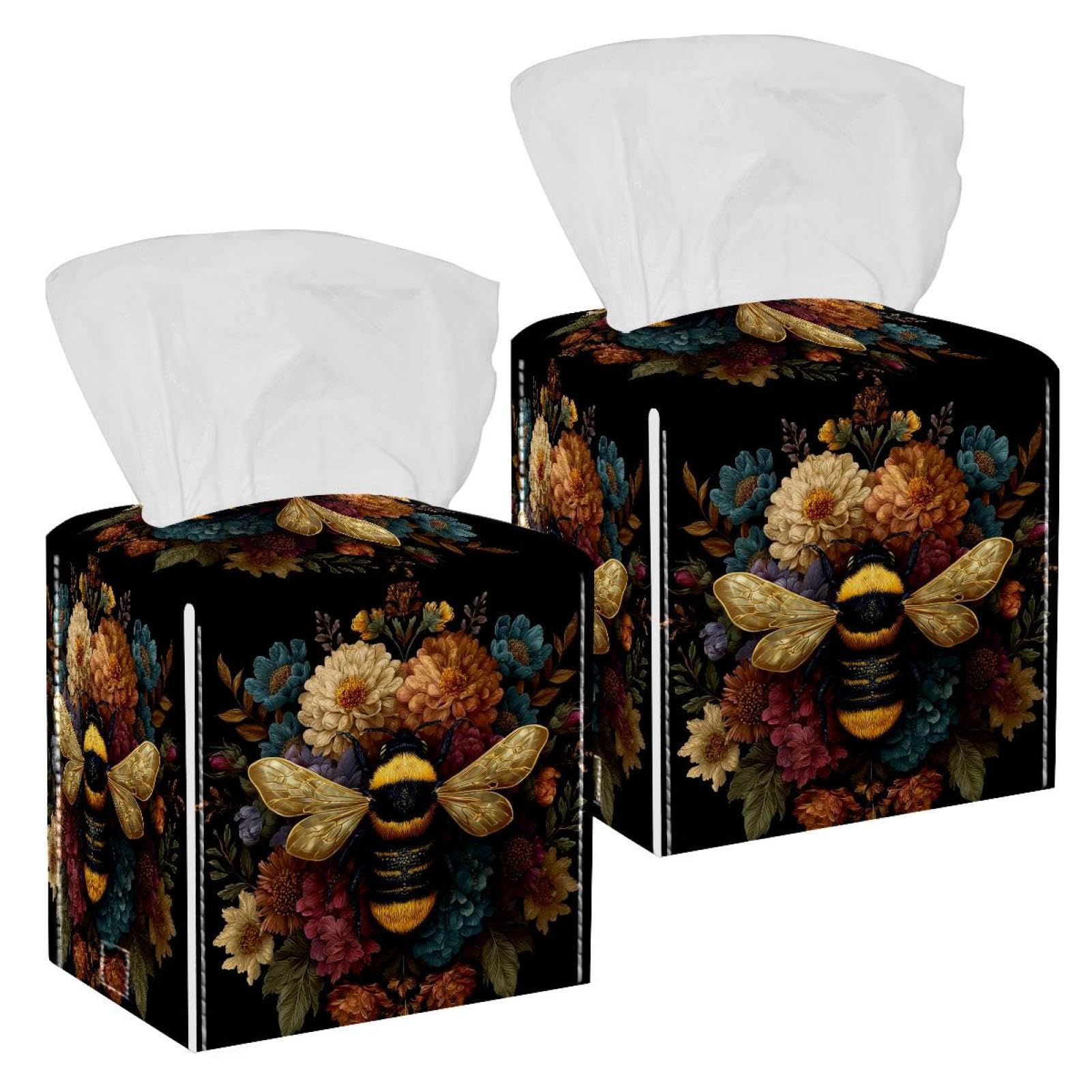 Bee Tissue Box Cover, 2 Pack PU Leather Square Facial Tissue Dispenser Box holder for Home Office Car