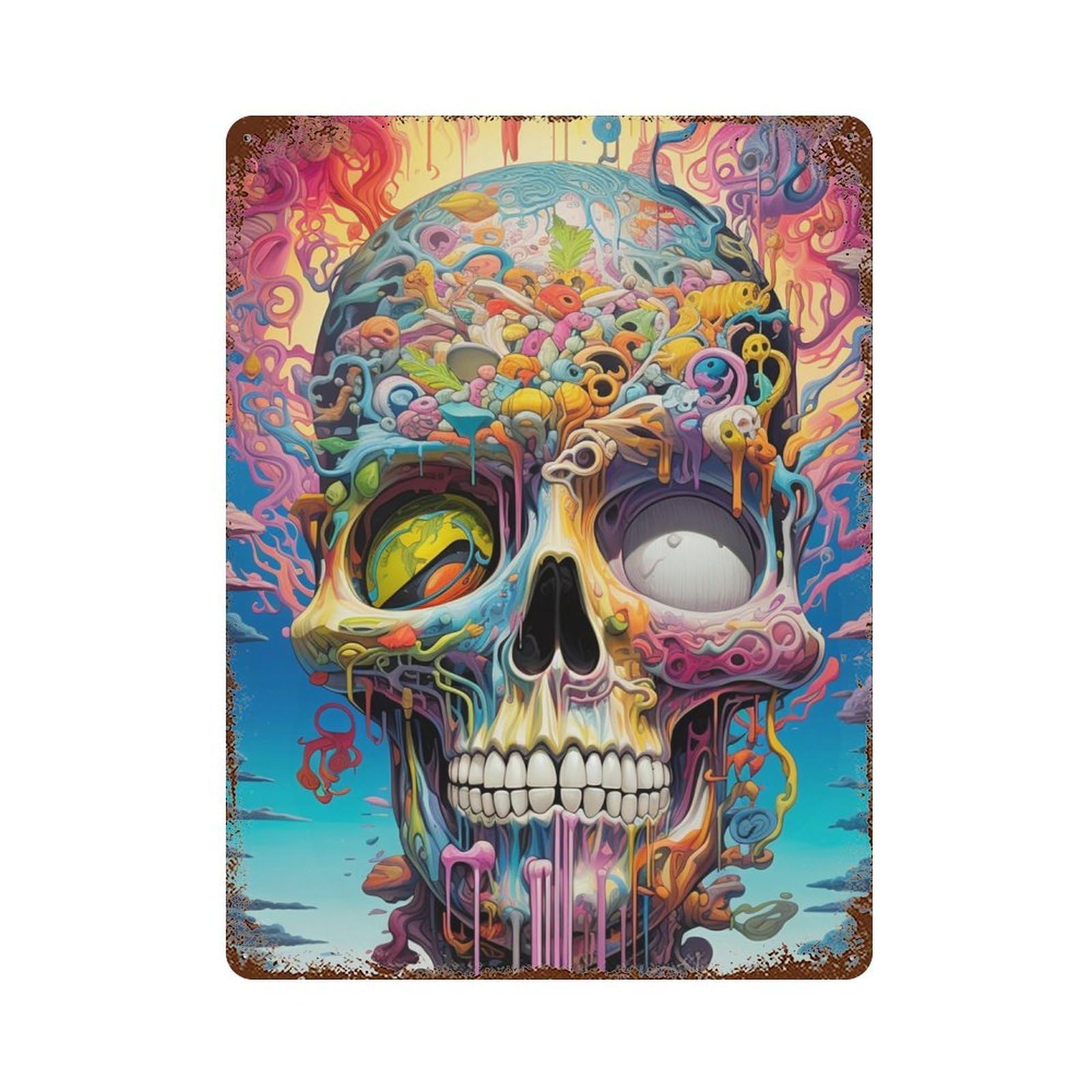 Vintage Rust Metal Sign Colorful Skull Artwork-1 15.7"x11.8", Vintage Wall Decor for Office, Studio And Wall Decor
