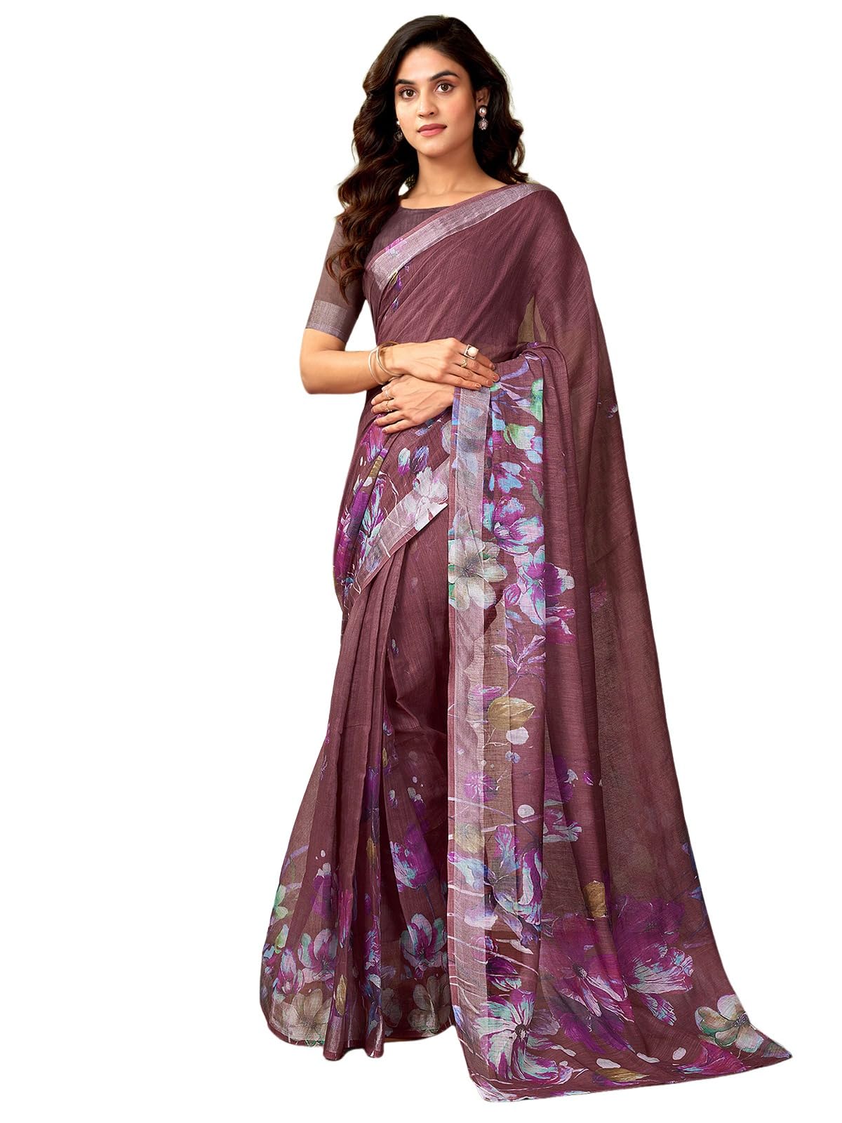Satrani Women's Linen Zari Border Printed Ready To Wear One Minute Pre Pleated Readymade Saree With Unstitched Blouse Piece (34Rs321N_Chestnut Brown)
