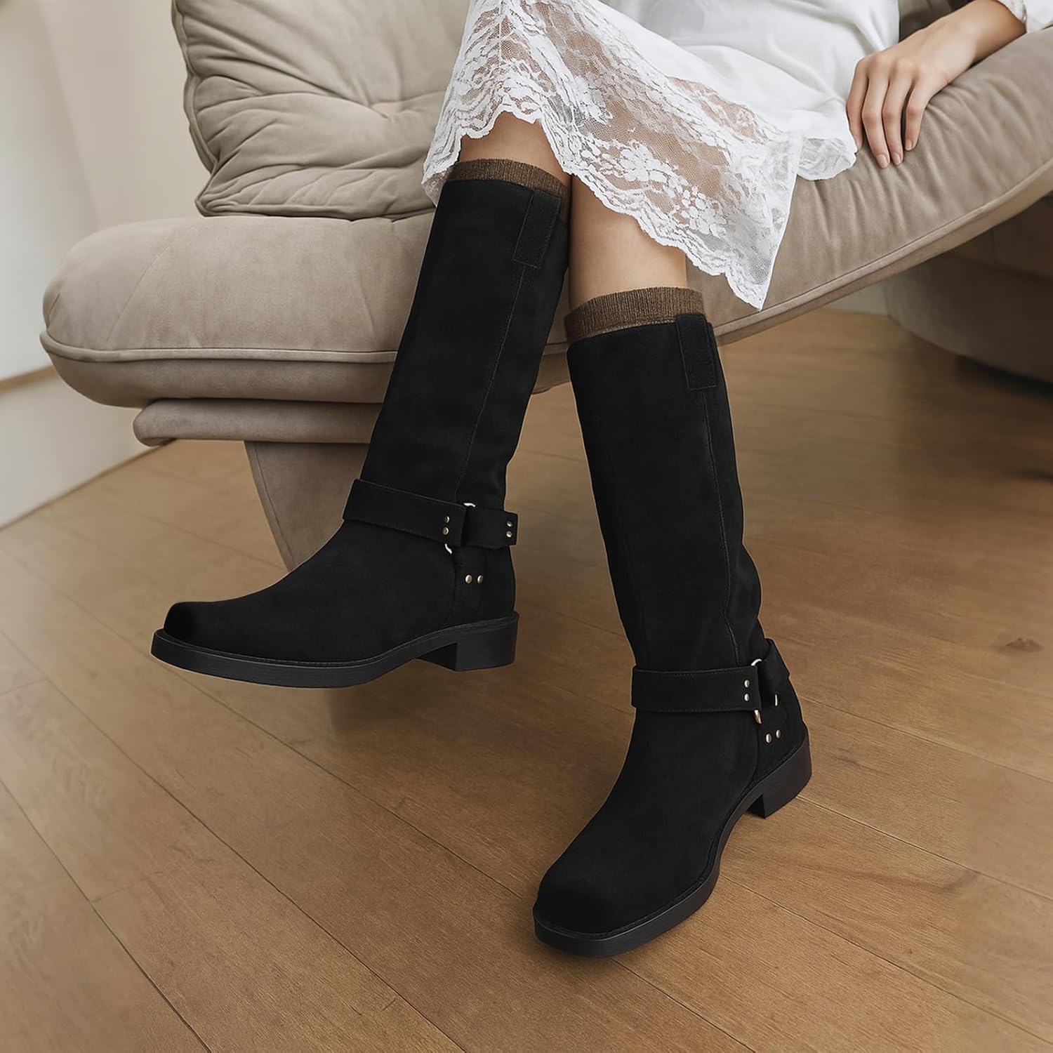 FIFSY Women’s Black Suede Handmade Knee-High Boots – Square Toe Riding Style with Harness Strap, Low Heel, Soft Lining, Durable Winter Fashion Footwear – Size 9.5 - Image 3