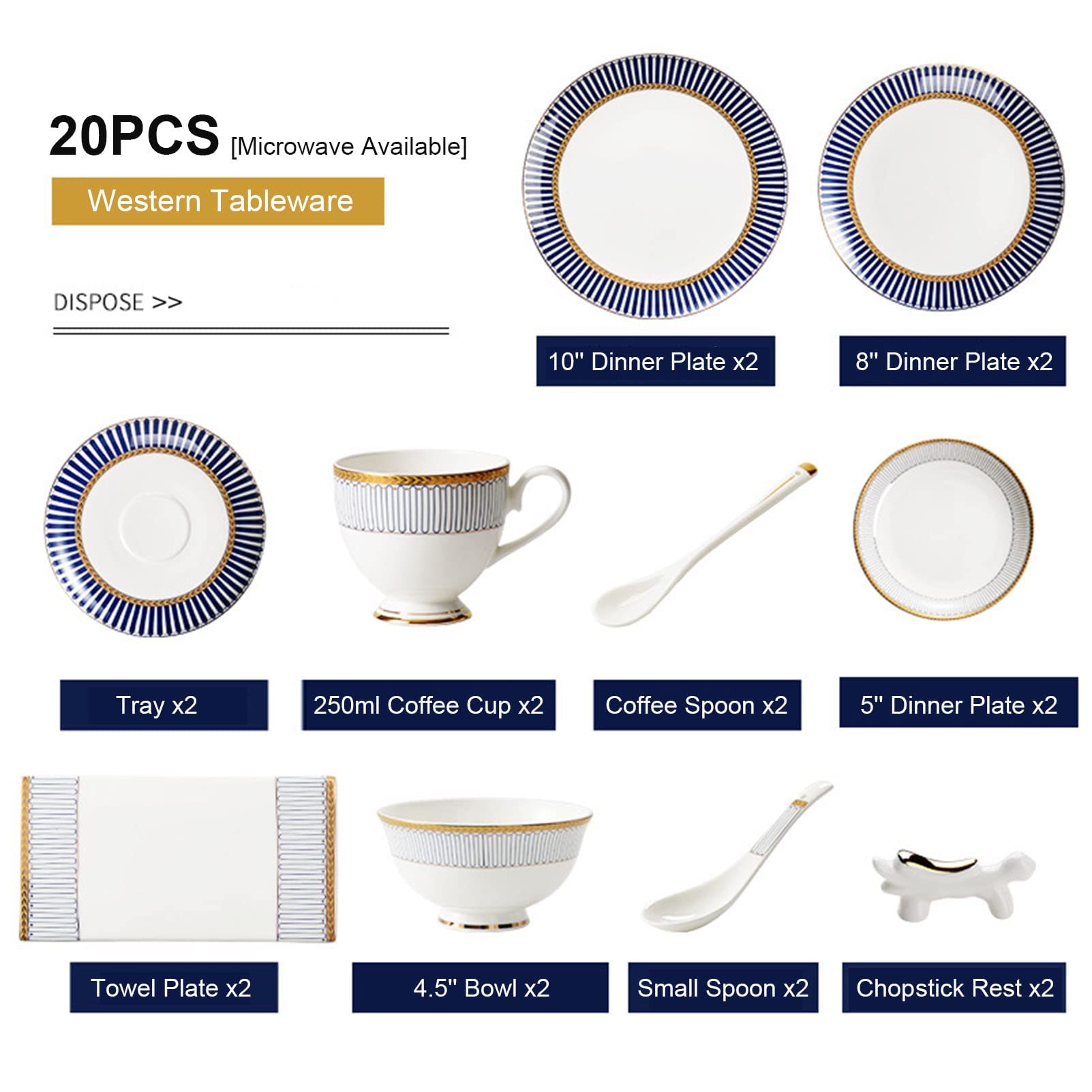 20-częściowy zestaw obiadowy z porcelany kostnej, zestaw porcelanowy, lekki zestaw talerzy i misek na 2 komplety obiadowe, zestaw zastawy stołowej