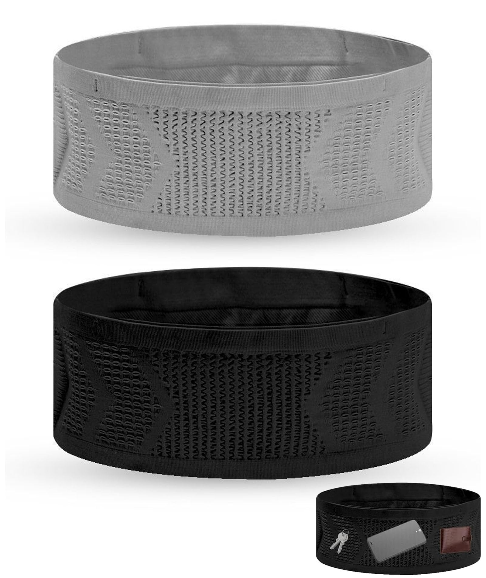 2PCS Running Belt, Waist Bag for Running, Gym Belt, Adjustable Running Gear with Pockets for Essentials, Comfortable Waist Bag for Men and Women,(Black + Grey)