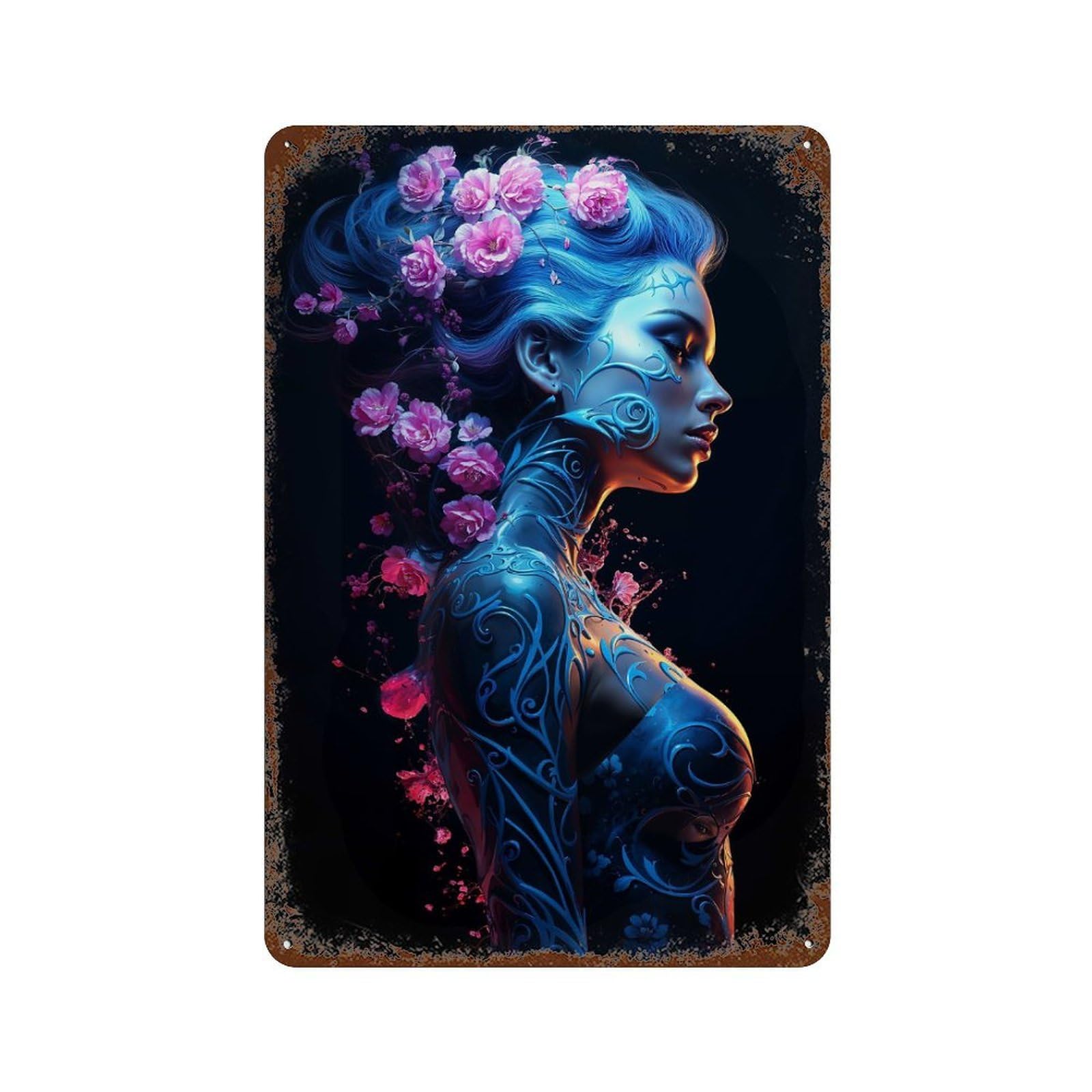 Neon Floral Girl Decorative Tin Sign 11.8"x7.9", Shabby Chic Decor for Garage, Pub Or Kitchen