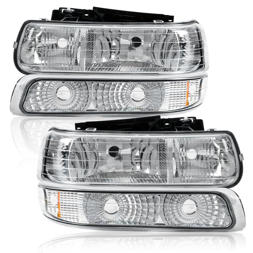 GRAND ORANGE Headlight Assembly Compatible with Chevy Silverado 1999-2002 Chrome Housing Amber Corner Headlight Assembly Upper+Lower