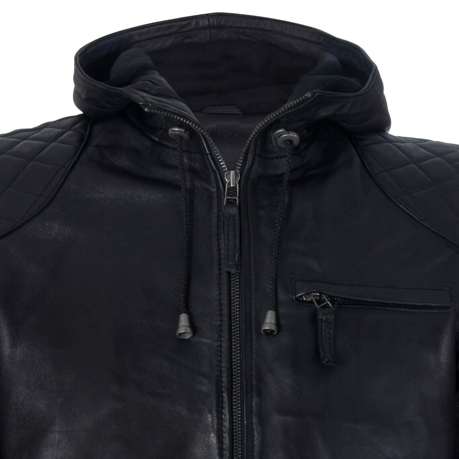 Infinity Leather Chaqueta Estilo Motera con Capucha y Cremallera 100% de Cuero Para Hombre