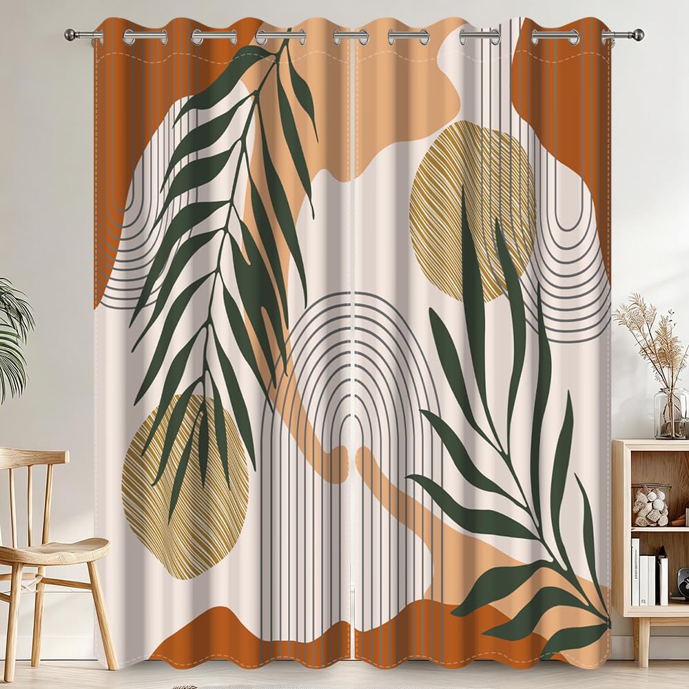 Tende Boho Astratta, Tende Oscuranti Foglie Verde Terracotta Geometrico Tende Termiche Isolanti Freddo Tende Oscurante con Occhiello per Camera de Letto Interni Soggiorno, 2 Pezzi, 140x225cm
