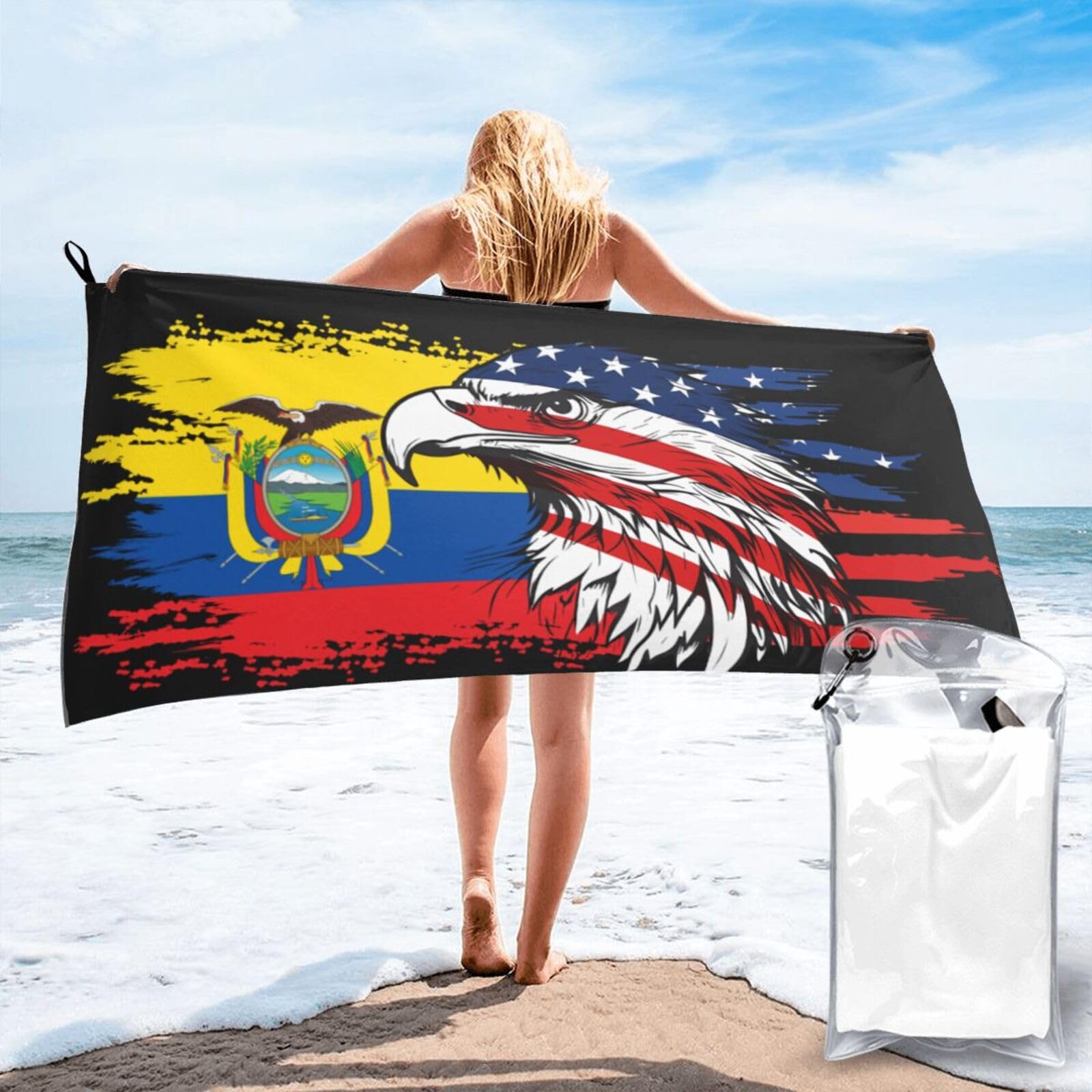 HACXZ America Flag and Ecuador Flag Microfiber Beach Towel Lightweight Absorbent Travel Pool for Men Women 31.5"X63"