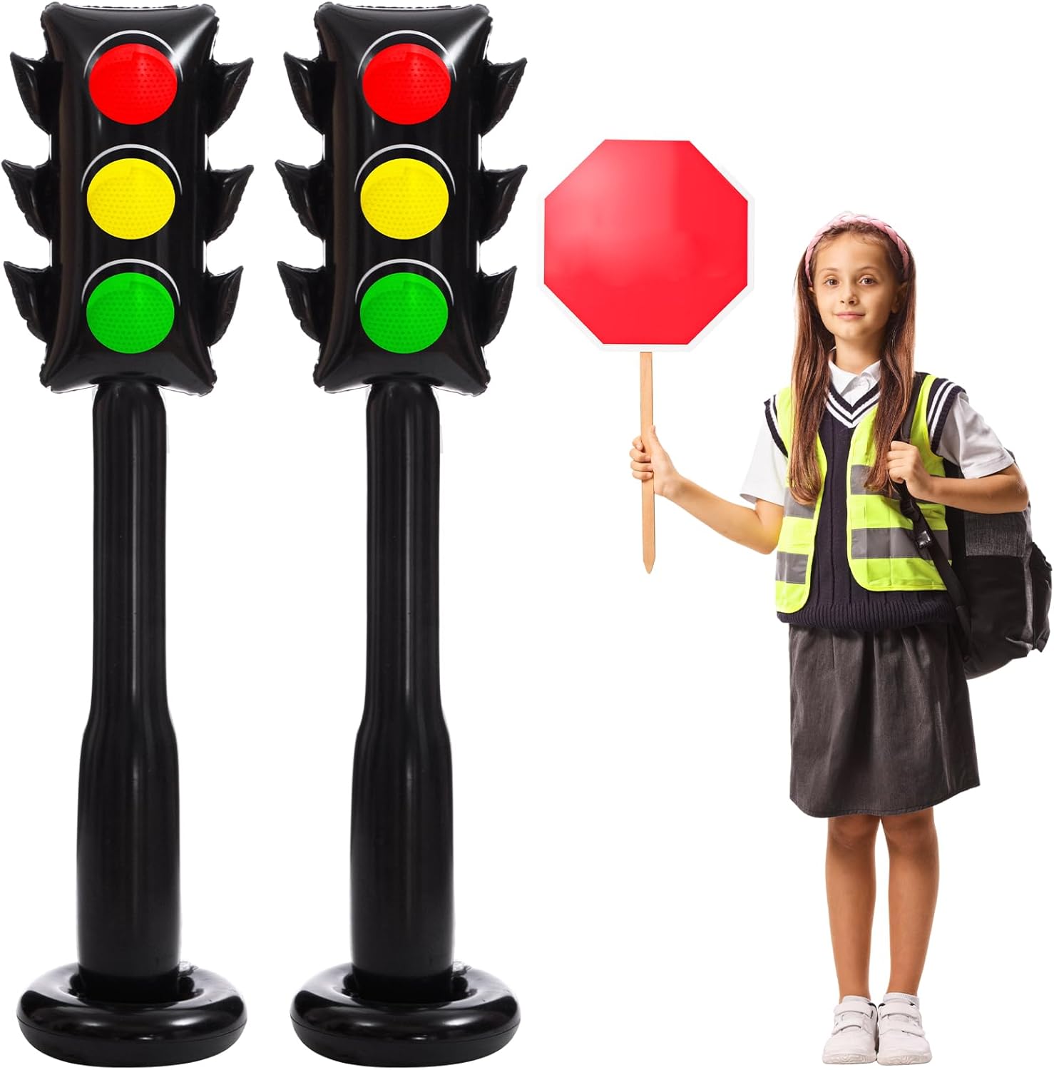 2 Pack 59 Inch Jumbo Inflatable PVC Traffic Light Balloons Racing Car Birthday Party Decorations Traffic Signal Stoplight Balloons for Vehicle Birthday Party Supplies