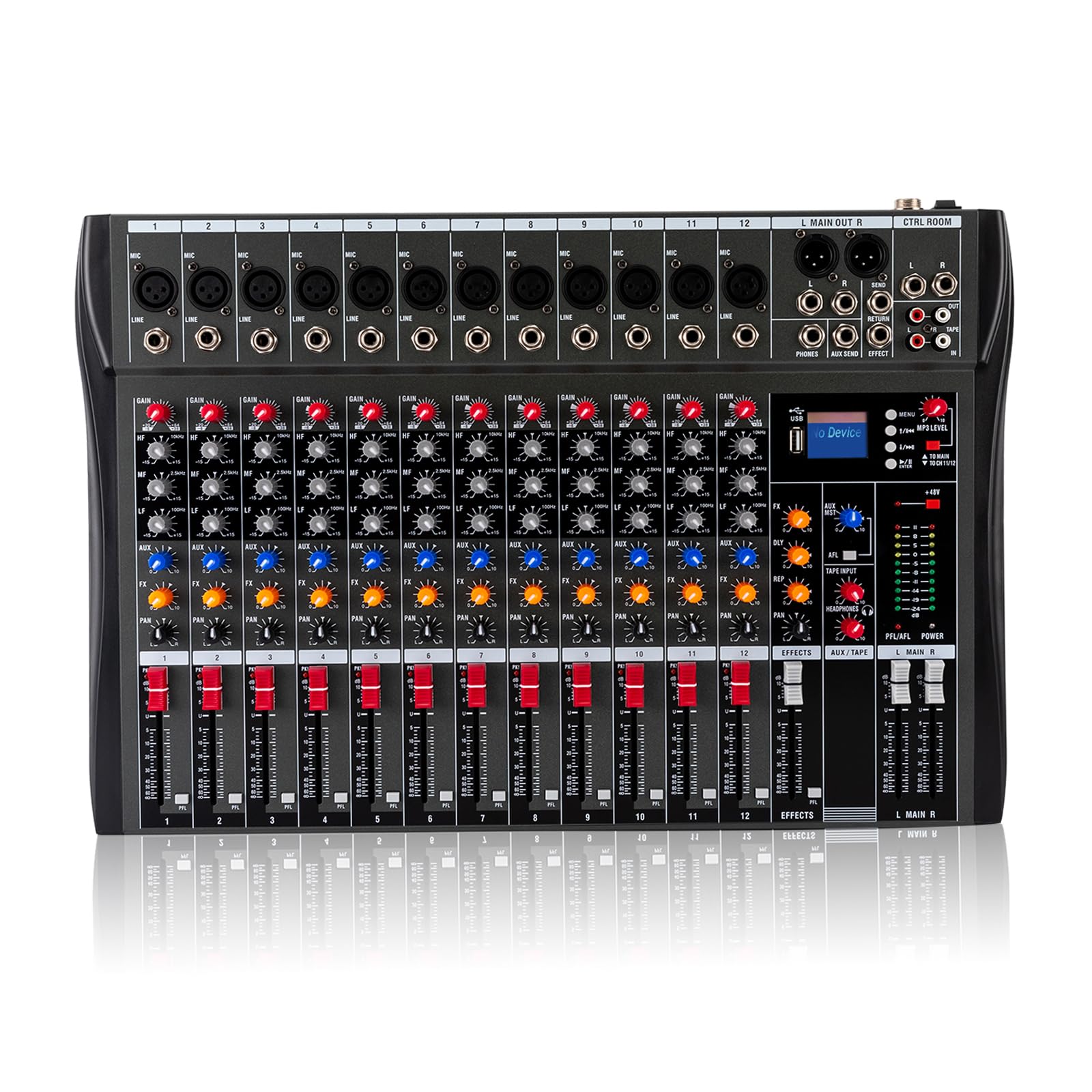 Mezclador de audio profesional de 12 canales, consola estéreo USB Bluetooth, pantalla LCD para grabación, DJ, escenario, karaoke, transmisión en vivo, 48 V Phantom Power