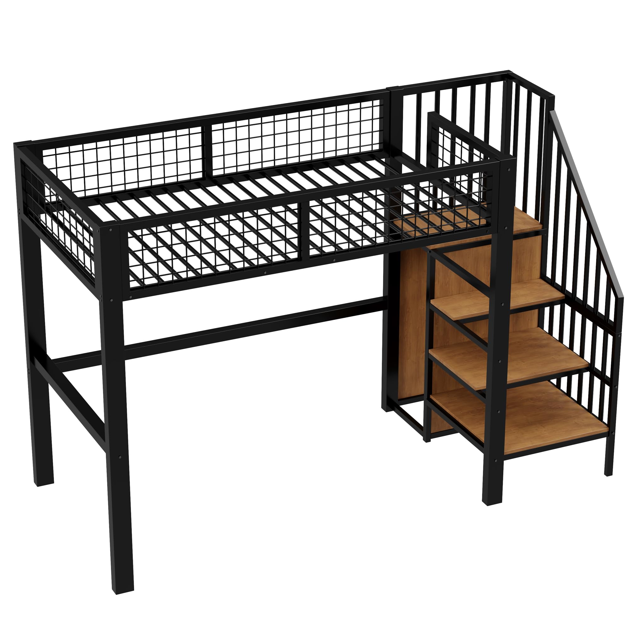 Azkoeesy Cama Alta con Escalera de Almacenamiento y Armario, 90 x 200 cm, para Adolescentes y Adultos, Marco de Hierro, con Rejilla y somier, Color Negro (Negro, 90x200 cm)