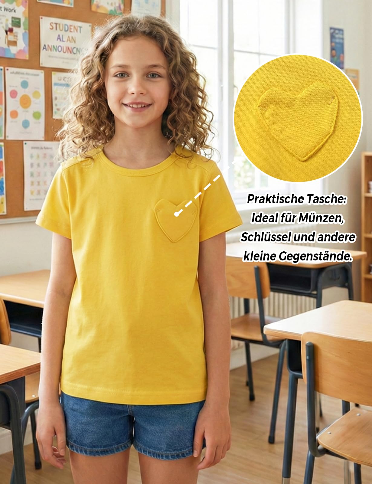 Spring&Gege T-shirt à manches courtes pour fille en coton col rond T-shirt de sport décontracté avec poche en forme de cœur pour l'été Couleur unie Hauts décontractés