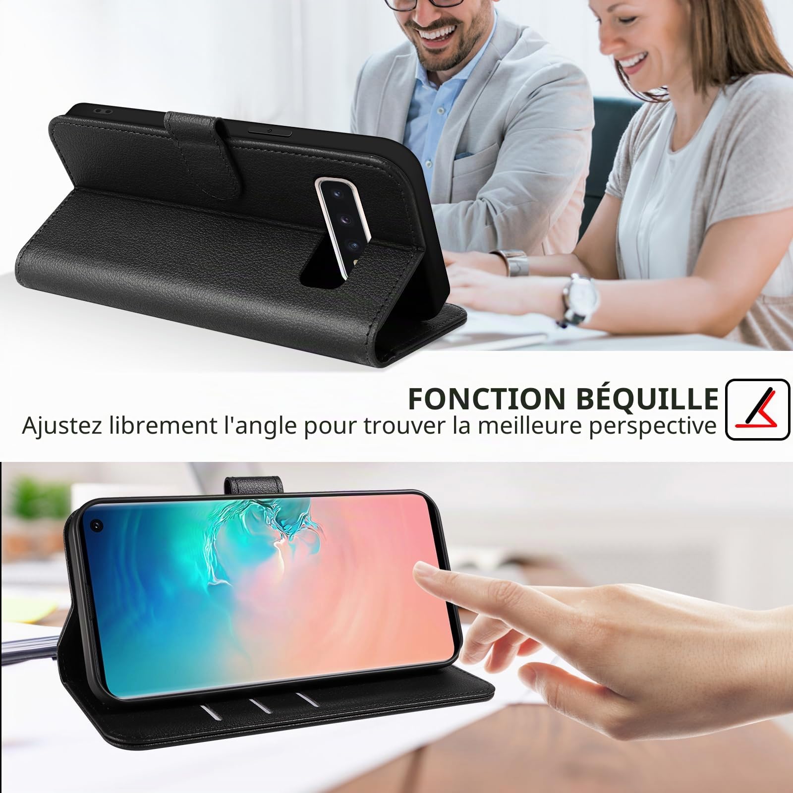 Coque pour Samsung Galaxy S10 (Pas pour S10+), Coque Etui Portefeuille Cuir avec Rabat Porte Carte Clapet Magnétique Flip Case Étui Housse de Protection Etui pour Samsung Galaxy S10 4G,Noir