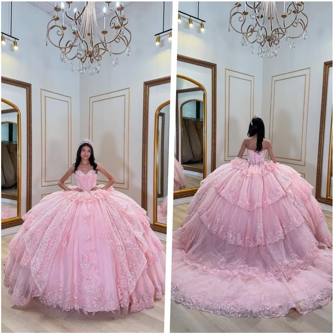 XYAYE Glitter Tulle Quinceanera Dresses with Sleeves Lace Layered Vestidos de Quinceañera Puffy Beaded Strapless 16 Dresses