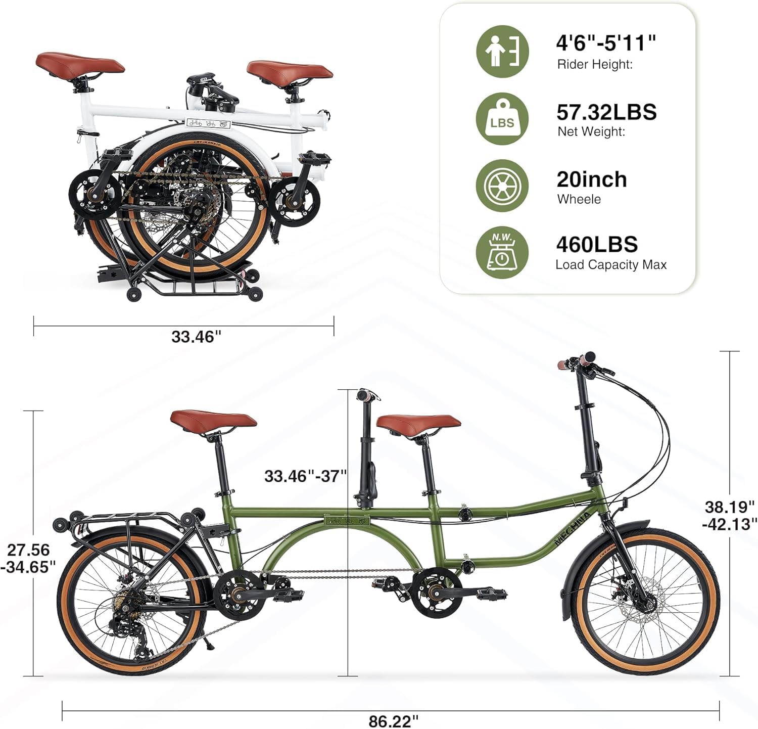 20" Tandem Bike for Adults, 2-Person Folding Bicycle with Dual Disc Brakes,7 Speed Bike Perfect for Couples, Beach, Park Riding