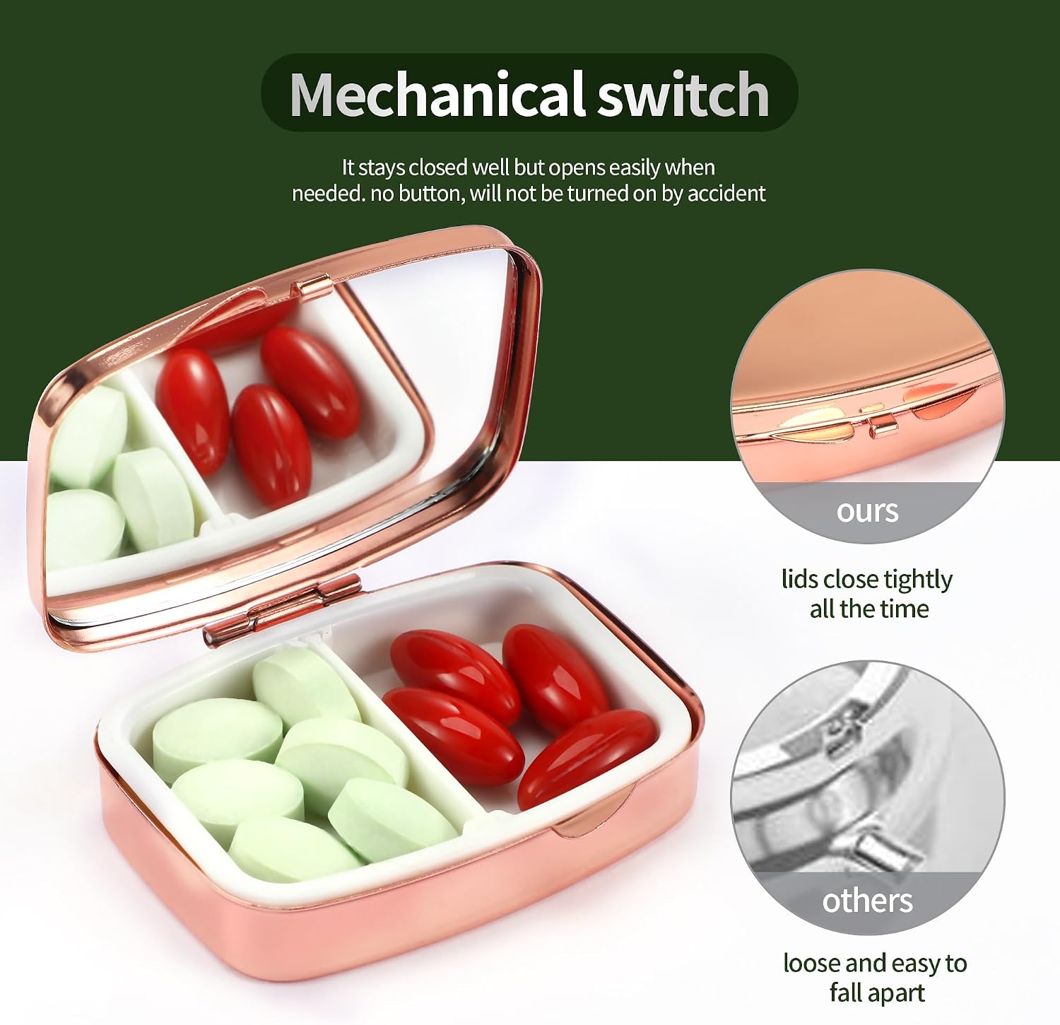 Pill Case with Mirror,Rose Gold- Red Heart Pattern image 3
