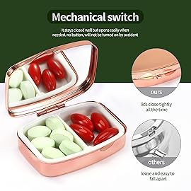 Dynippy Pill Case Pill Box with Mirror Retro Pocket 2 Compartment Medicine Case Vitamin Pill Organizer for Pocket Purse and Travel (Rose Gold- Red Heart Pattern)