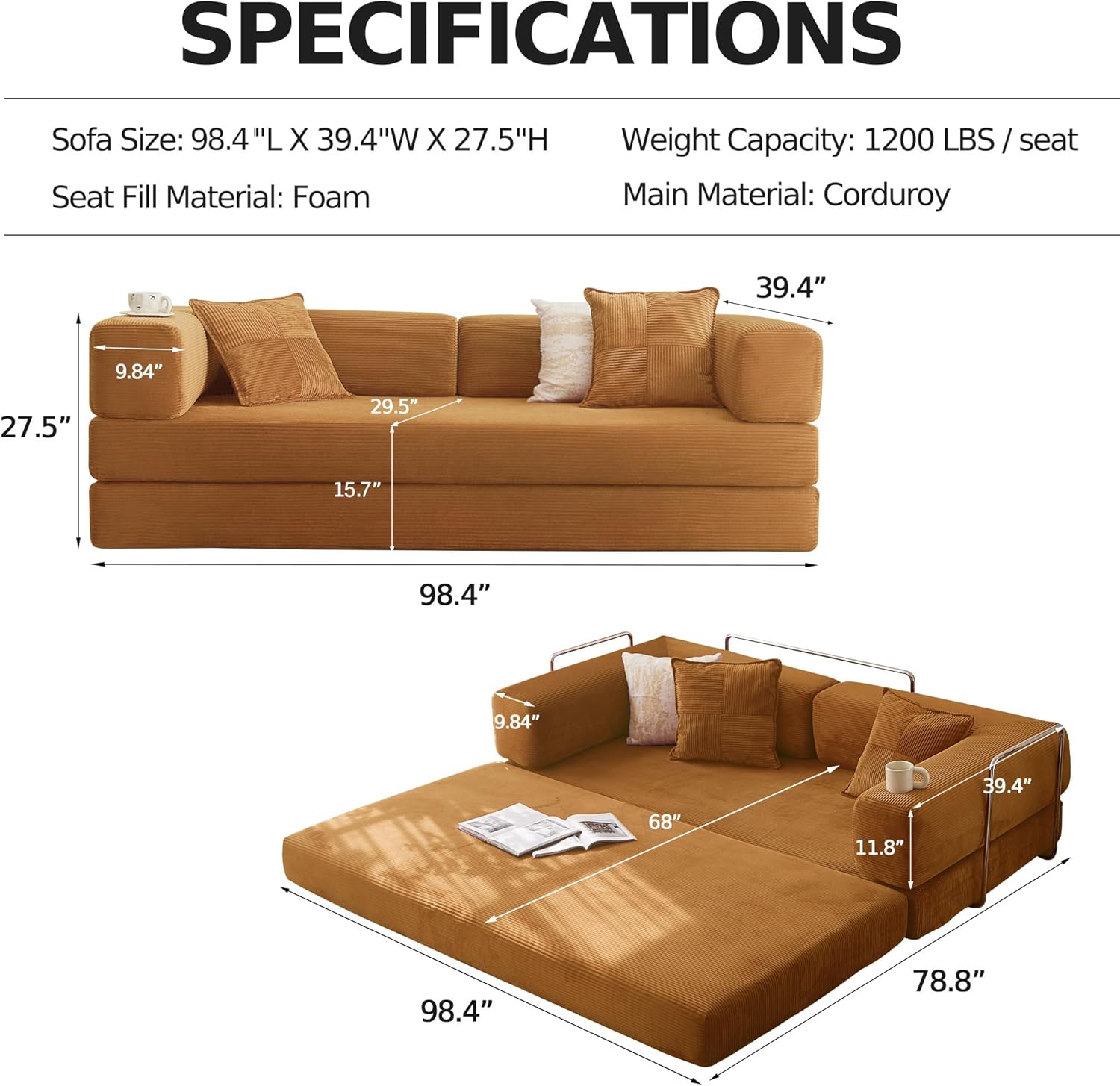 98.4'' Boneless Sleeper Sofa Bed,Convertible Futon Couch with Storage Pocket and 2 Pillows,Modular Corduroy Sofa for livingroom,Small speace,Yellow