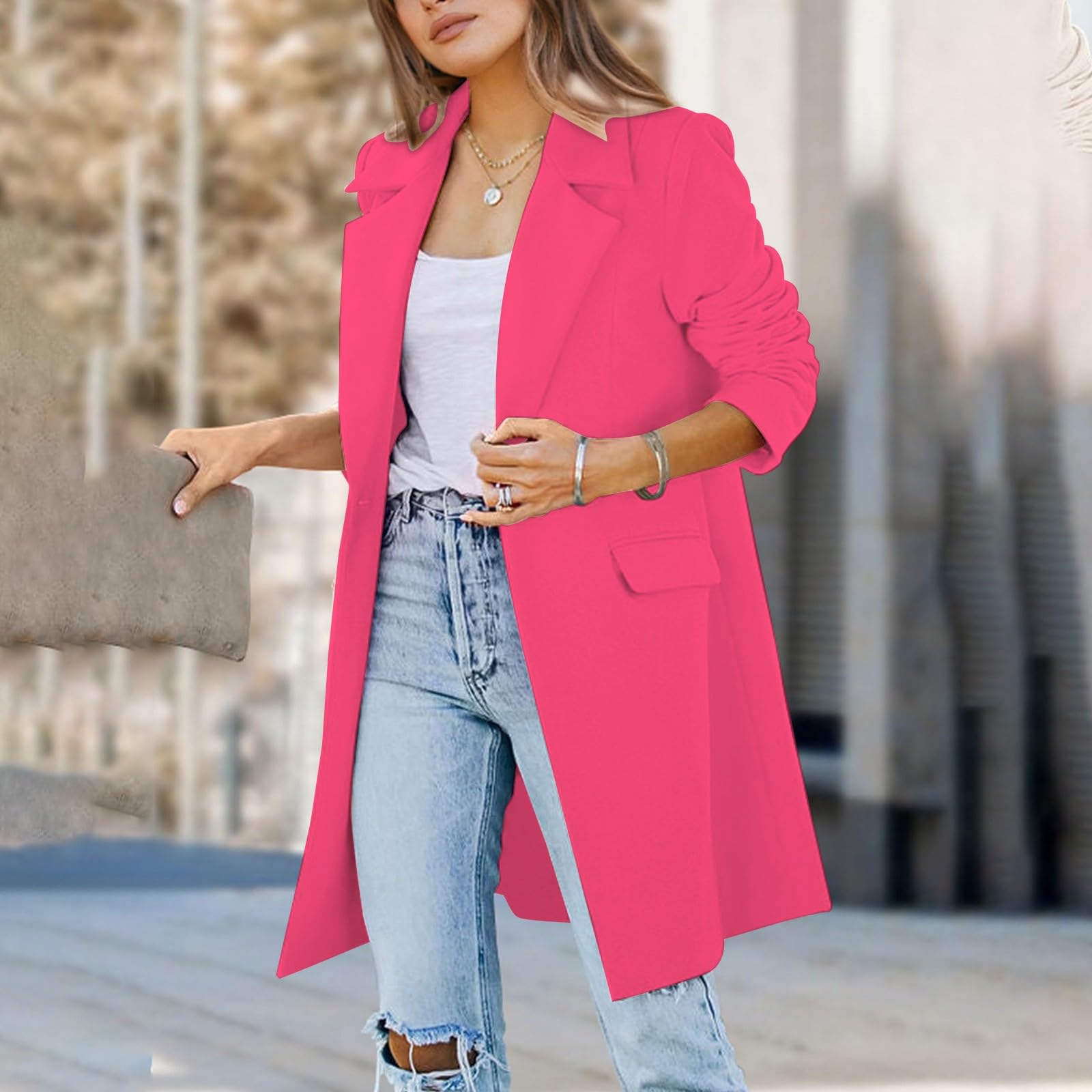 Damen-Blazer, vorne offen, langärmelig, Tasche, übergroße Arbeitskleidung