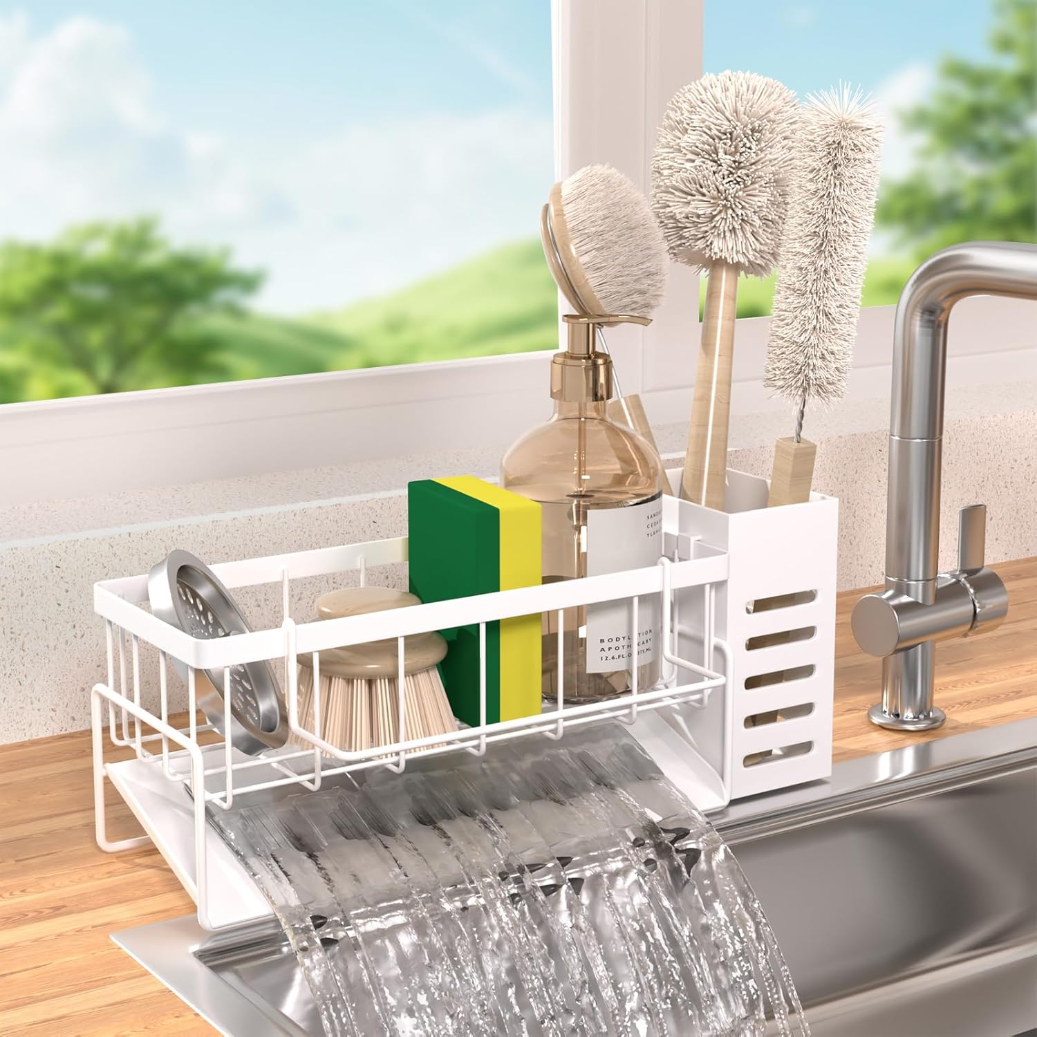 Kitchen Sink Caddy Organizer Stainless Steel Sponge Holder with Dish Brush Holder Soap Caddy for Countertop Kitchen Sink