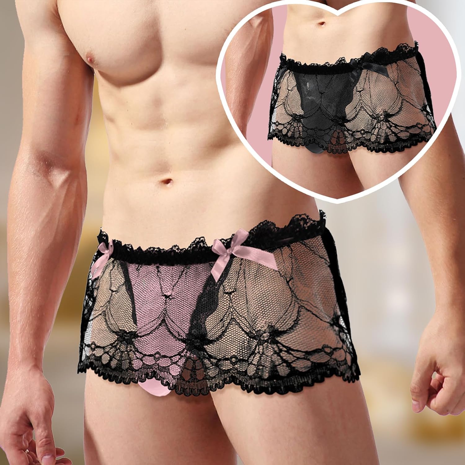 Femboy Mens Lace Sexy Underwear Sissy Pouch Panties Men Low Rise Sheer Girly Bow Thong - Image 2