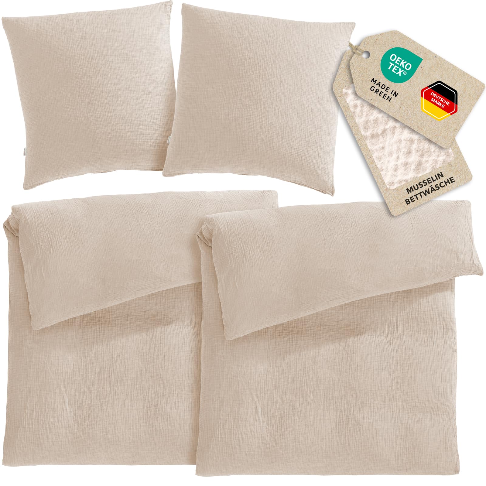 Pure Label Musselin Bettwäsche 135x200 4 teilig bestehend aus Bettbezug 135 x 200 cm 2er Set + Kissenbezug 80x80 cm 2er Set aus Baumwolle - Traumhaft kuschelige Bettwäsche-Sets in beige