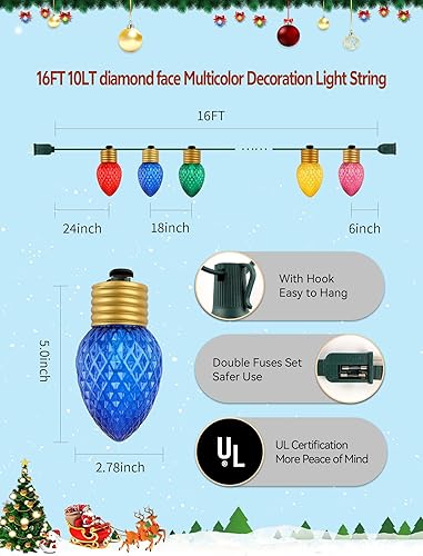 Miniatura 2 de C9 - Luces LED de Navidad para exteriores, impermeables, 16 pies, 10 bombillas grandes, luces de Navidad brillantes, con certificación UL, luces