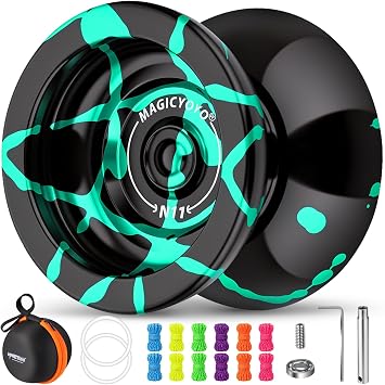 MAGICYOYO N11 Professional Non-Reactive Yoyo Advanced Dual Mode Metal Trick Yoyo Responsive Yoyo Bearings for Kids Beginners 12 Yoyo Strings with Bearing Kit & Carrying Bag Black Green