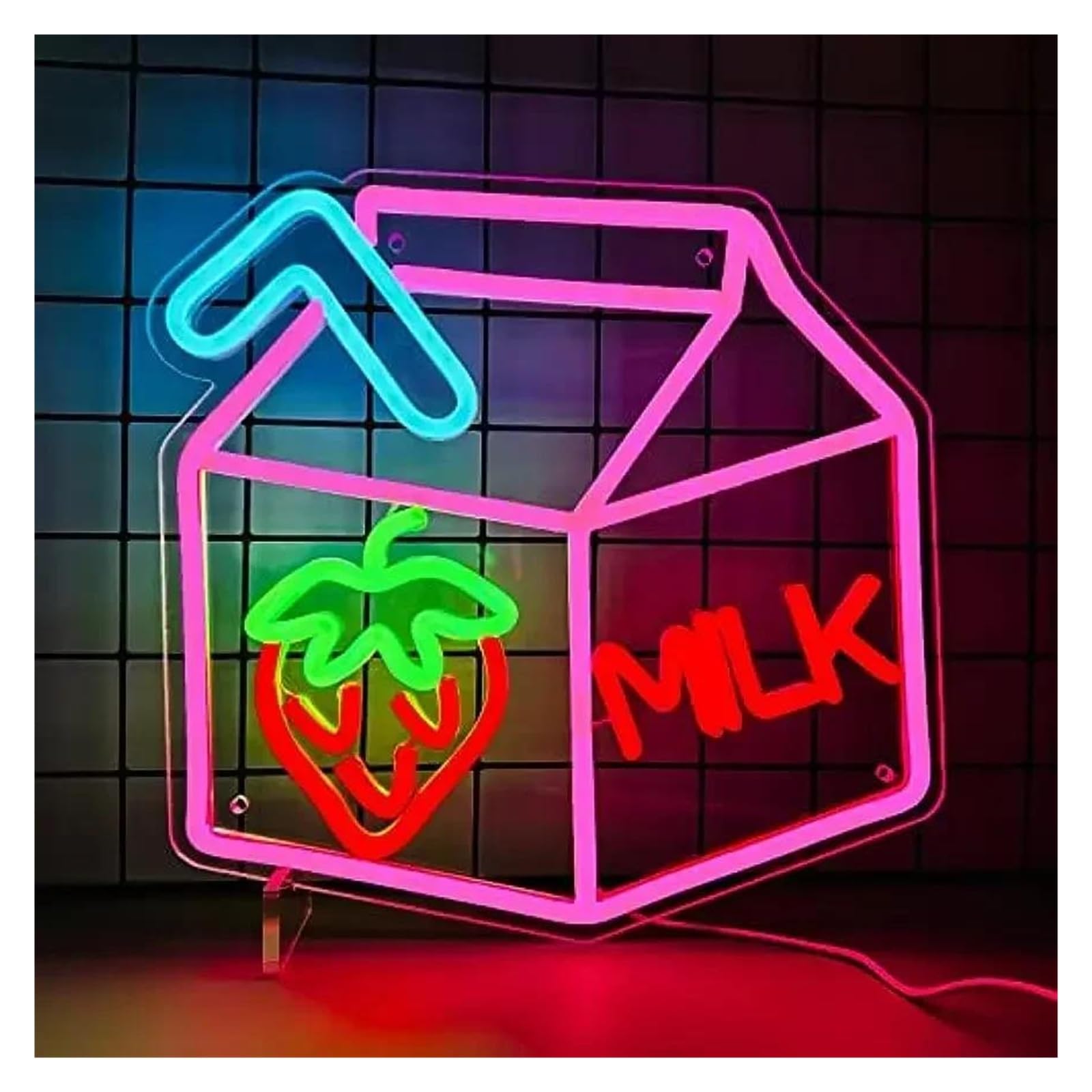 LEMST Signs Lamp Strawberry Milk Neon Signs for Wall Decor Neon Lights for Kids Living Room Shop Signs for Girls 30x30cm