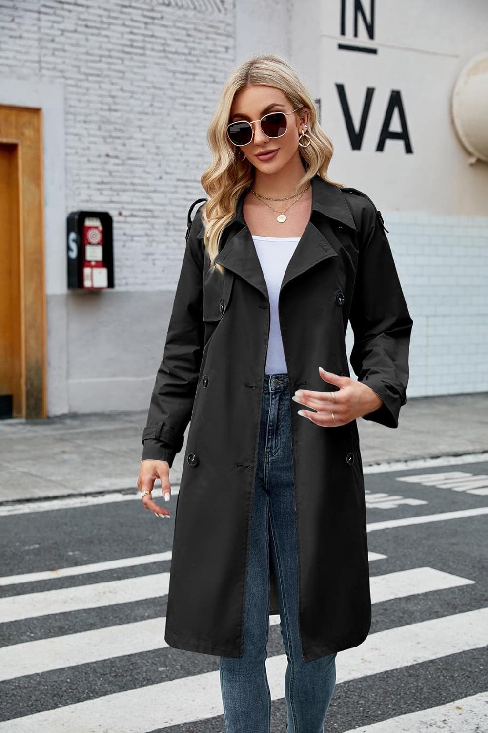 Makkrom Women's Double Breasted Long Trench Coat Windproof Classic Lapel Slim Overcoat with Belt - Image 3