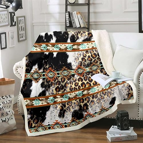 Erosebridal Manta de forro polar de piel de vaca con estampado de leopardo marrón, manta occidental de 50 x 60 pulgadas, manta con estampado de vaca