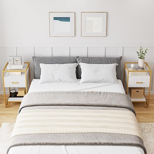 Miniatura 5 de Senfot Juego de 2 mesitas de noche blancas y doradas, mesa auxiliar con cajón de almacenamiento y almacenamiento de 3 niveles y parte superior de