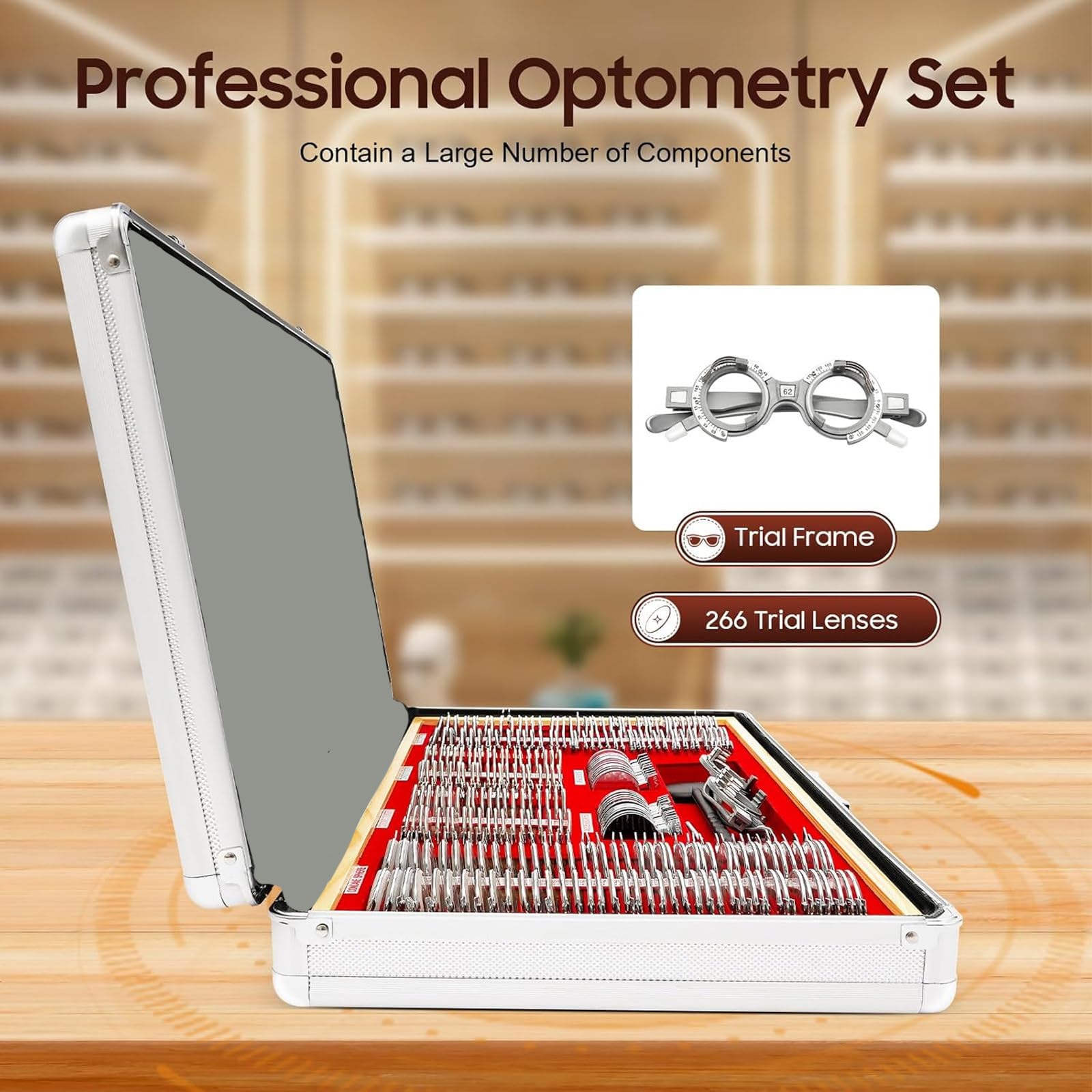 Ensemble de lentilles d'optométrie - Kit de 266 lentilles d'essai optiques professionnelles avec étui à monture métallique et monture de test pour la protection des yeux et des tests de vision pr