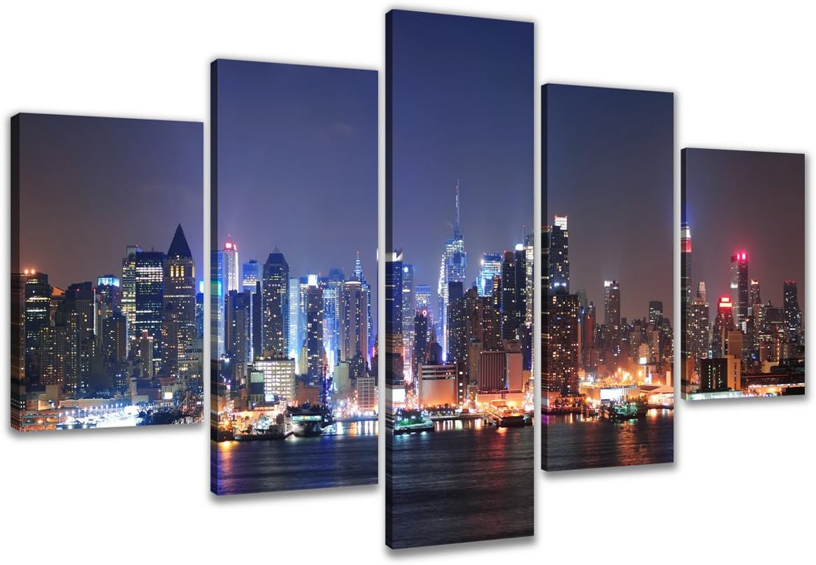 Quadro Su Tela Visario New York 5 Pezzi 160x80 Cm - Decorazione Murale Moderna In Blu E Bianco