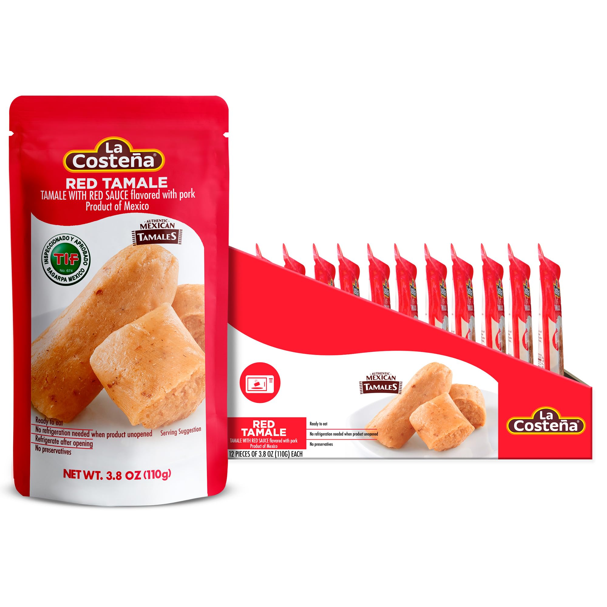 La Costeña Red Tamales - Made with Pork, Red Sauce & Masa Corn Meal - Microwavable Ready to Eat Meals No Refrigeration - Premade Easy Meals - Instant Lunch To Go - Mexican Food - 3.8 oz, 12 Pack