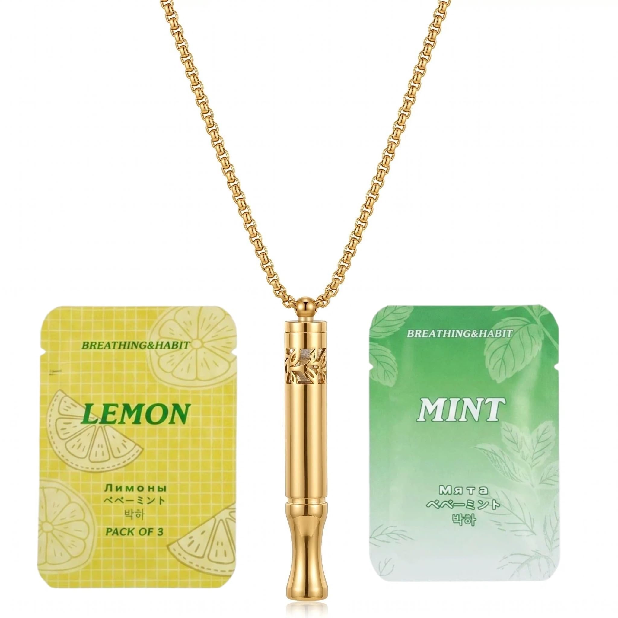 Tangdira Breathing Necklace with Resistance – Stainless Steel Mindful Breathing Pendant with Mint & Lemon Flavored Filter Refills for Breathing Practice