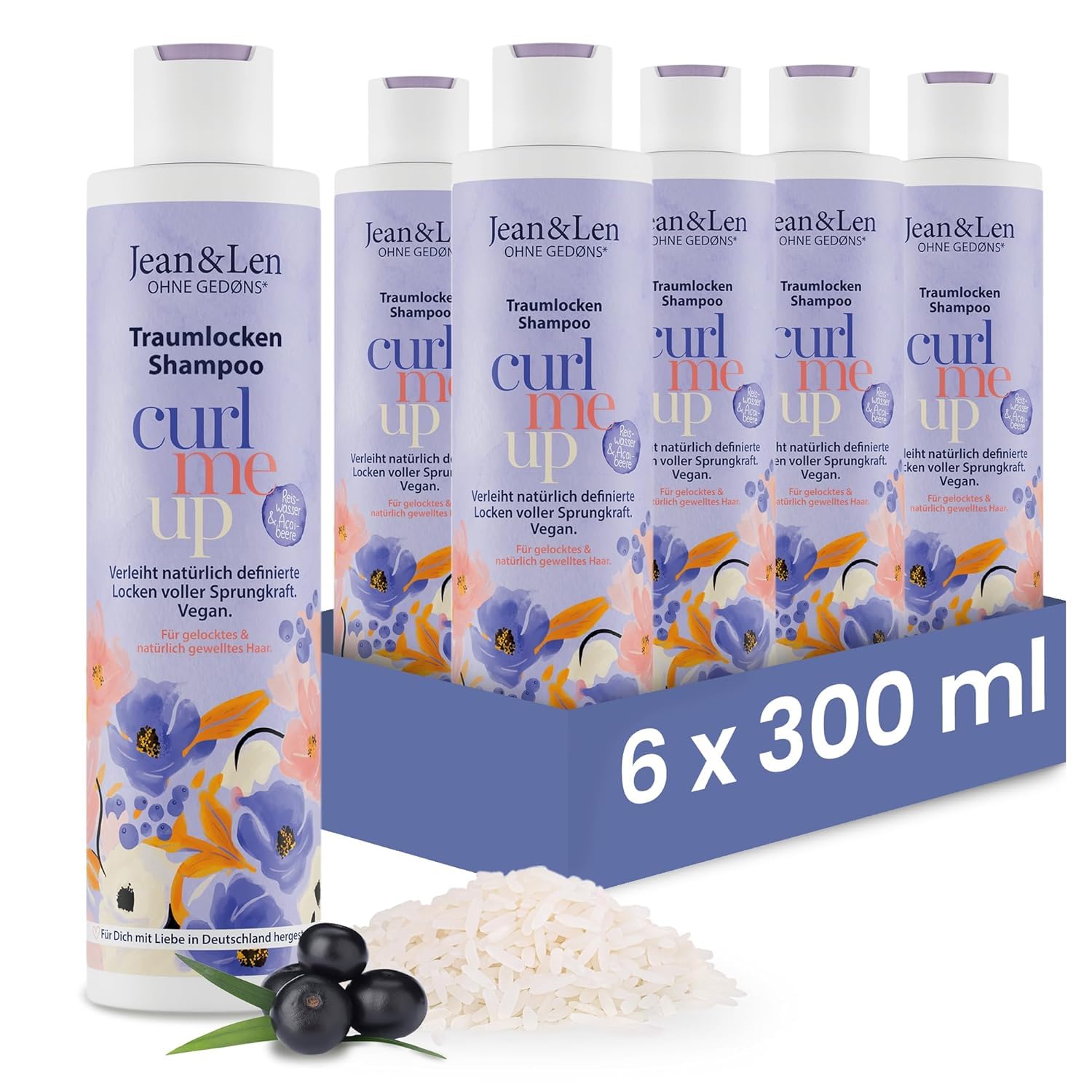 Jean & Len Shampoo Ricci da sogno Acqua di riso & bacche di acai, per capelli ricci e mossi, dona elasticità e volume, senza siliconi/parabeni, vegano, profumo fruttato, 6 x 300 ml
