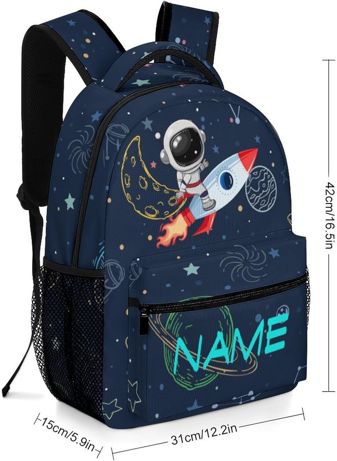 SUQINFA Custom Kids Backpack for Boys Girls Personalized Add Text Name Rocket Planet Astronaut Water Bottle Bookbags Customized School 2 Set Backpack - Image 2