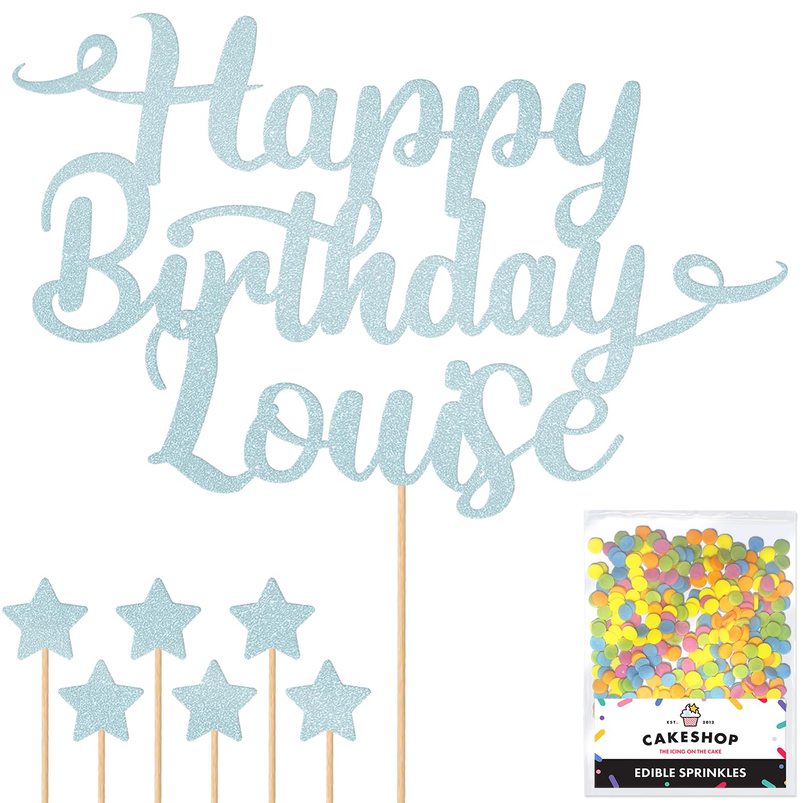 Personalised Happy Birthday Glitter Cake Topper - Light Blue Any Name Glitter Cake Decoration and Sprinkles - Happy Birthday Decorations - Personalised Toppers for Cakes by Cakeshop