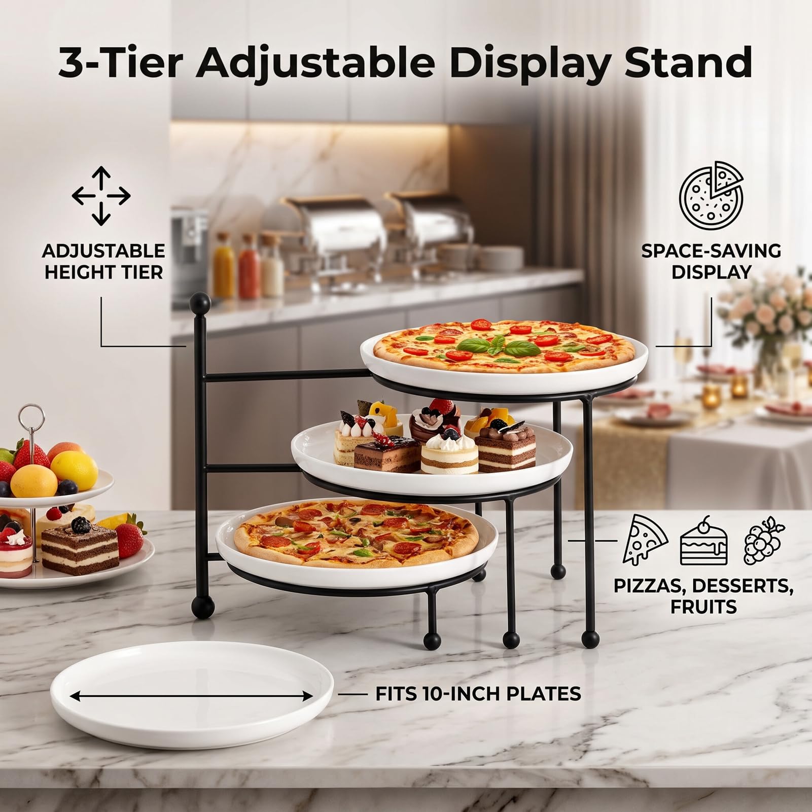 Luocute Support à Pizza à Trois Niveaux, Présentoir Réglable en Métal Noir