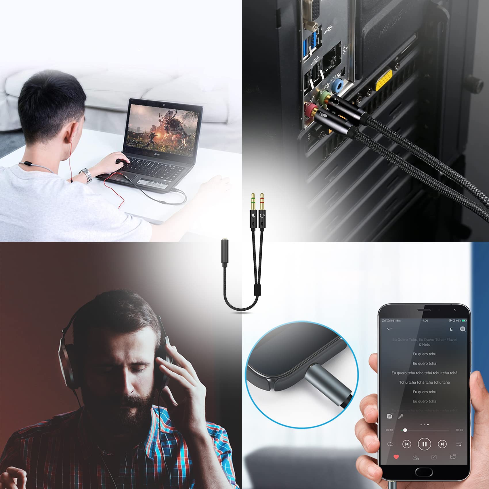 Adattatore Sdoppiatore Jack 3,5mm JeoPoom - Da Maschio A Doppia Femmina Per Cuffie E Microfono, 22cm - Foto 8