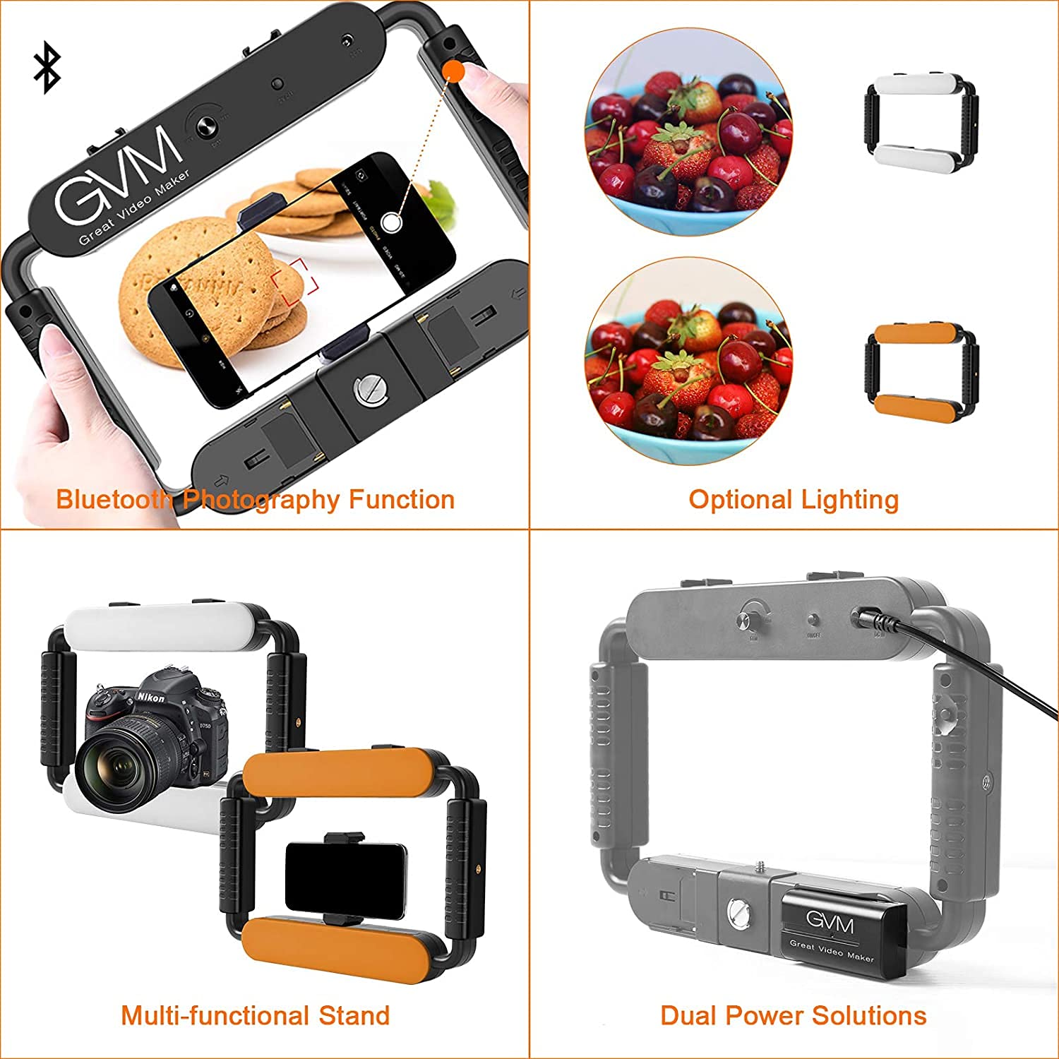 GVM Grip Pro Smartphone Video Rig, Stabilizzatore portatile e luce a led video, Fotocamera a LED per fotografia Registrazione video Impugnatura Maniglia Luce video con otturatore remoto Bluetooth