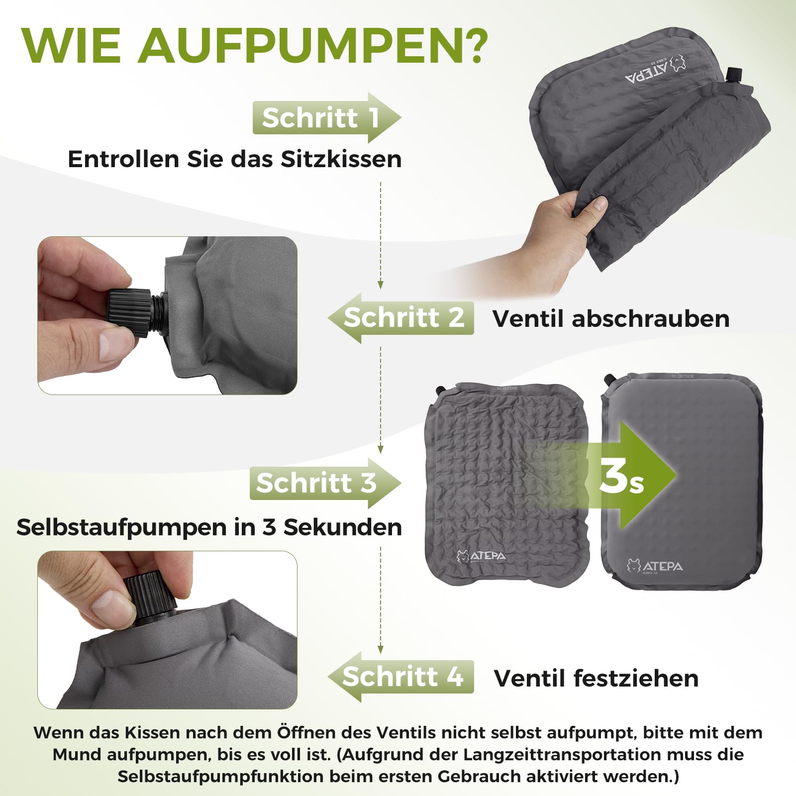 ATEPA Sitzkissen Outdoor, Faltbar Aufblasbar Stadion Flugzeug Camping Wander Bürostuhl Ultraleicht Selbstaufblasend, Grau