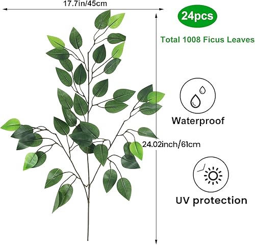 Miniatura 2 de GTIDEA 24 ramas de hojas de ficus artificiales, ramas de árbol de ficus, vegetación artificial, arreglo floral de seda para árbol Benjamina, ramo de