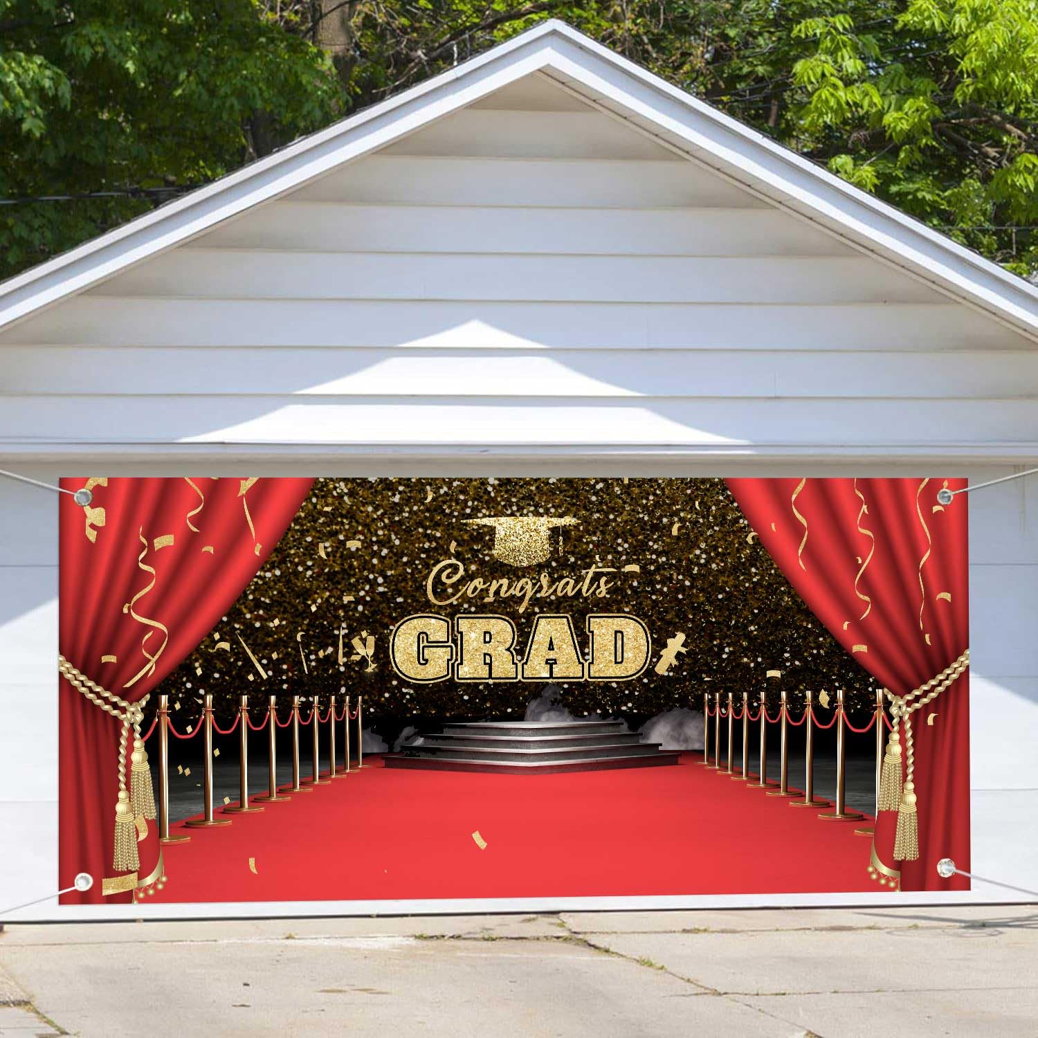 7 x 16 ft Congrats Grade Garage Door Backdrop, Red Carpet Congratulations Graduation Garage Door Cover, Class of 2024 Outdoor Banner Background Fabric
