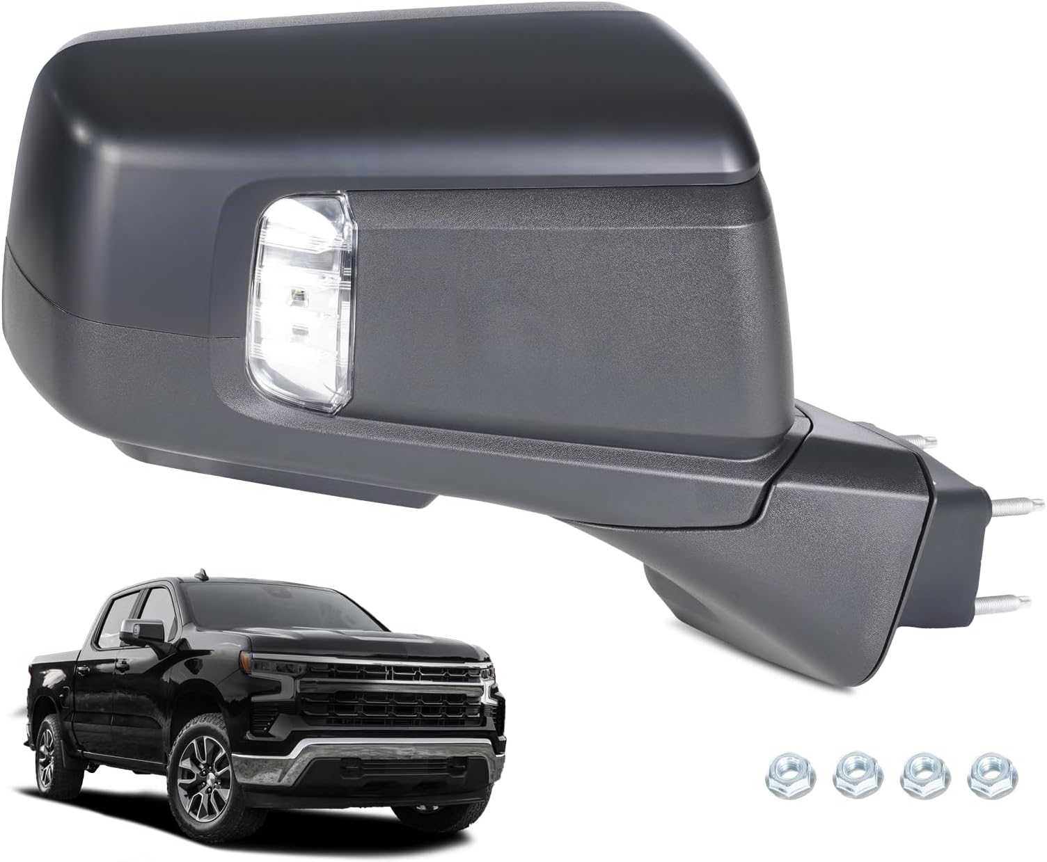 Right Side Mirror for 2019-2025 Chevy Silverado 1500 RST – Heated, Power Folding, Turn Signal, Memory, Puddle Light, Auto-Dimming, Temperature Sensor – Primed Cover (15 Pins, GM1321588 / 84898863)