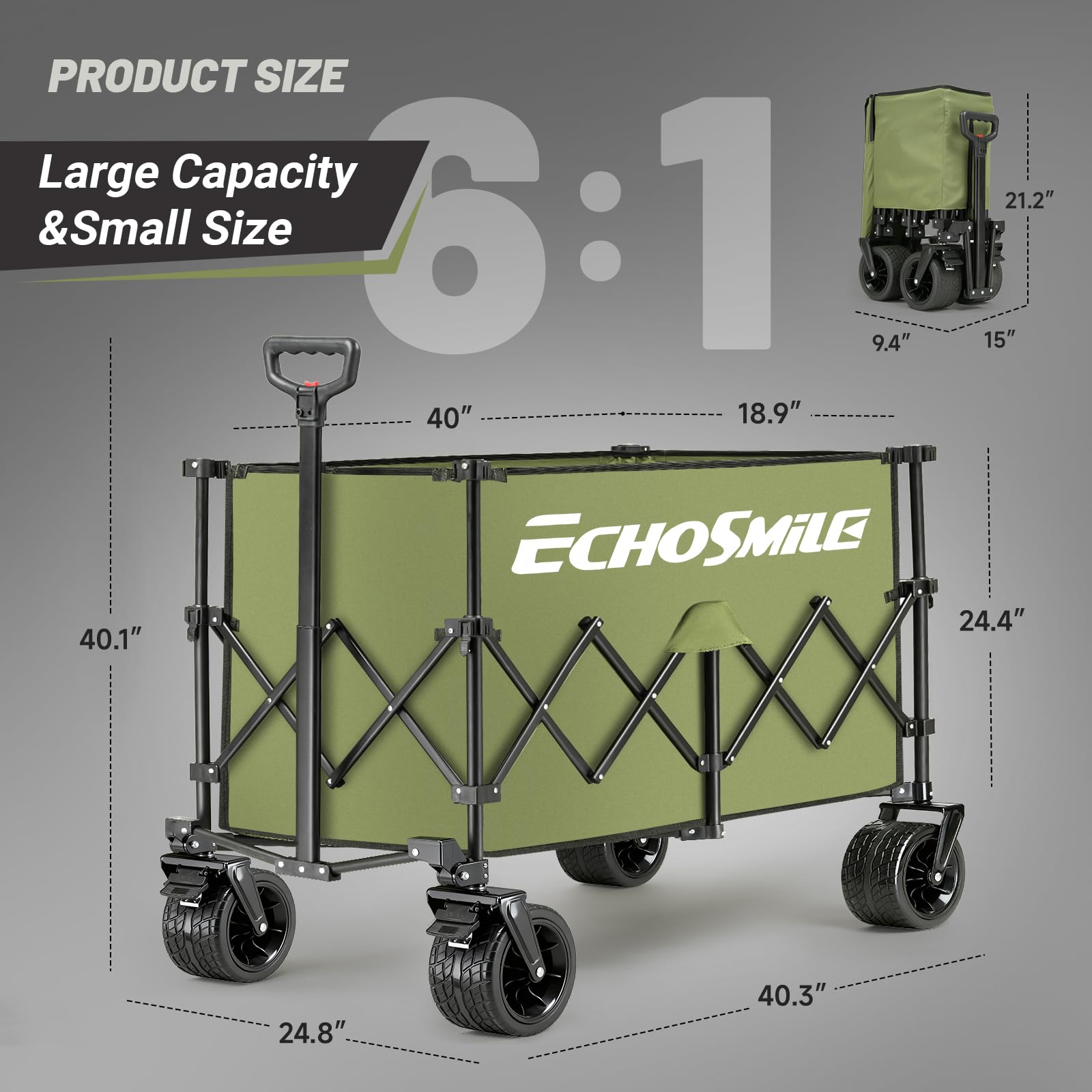 EchoSmile XXXXL Bollerwagen Faltbarer mit 300L 227 KG Belastbar - Strandwagen mit Großen All-Terrain Rädern Tragbarer Einkaufswagen Transportwagen mit Bremsen - Campingwagen für den Außenbereich, Grün