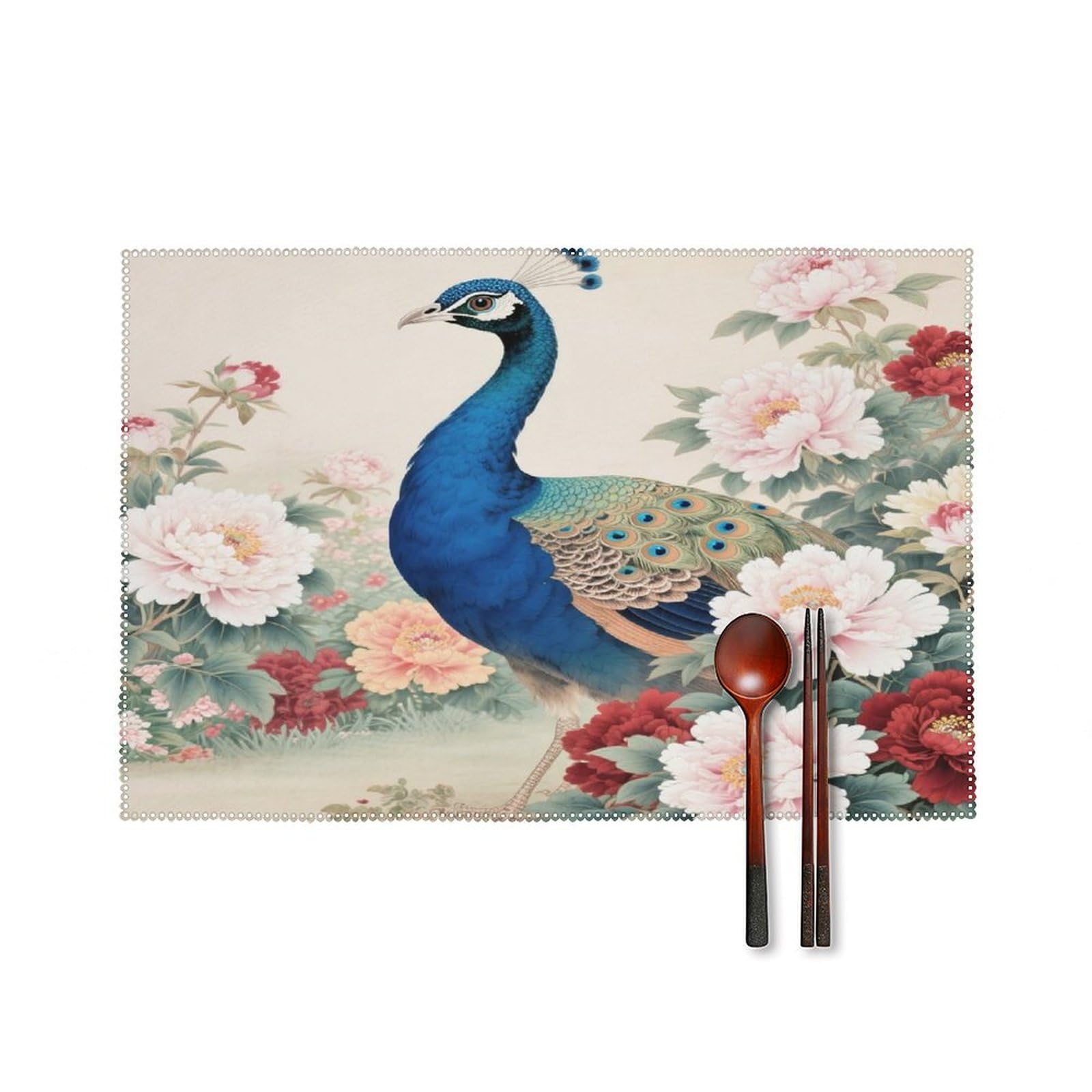 Peacock Gongbi Style Placemats Set of 4 Heat Resistant Non-Slip Place Mats for Dining Table Washable Placemat Wipeable Dining Table Mat Canvas Place Mats Dining Table Decor