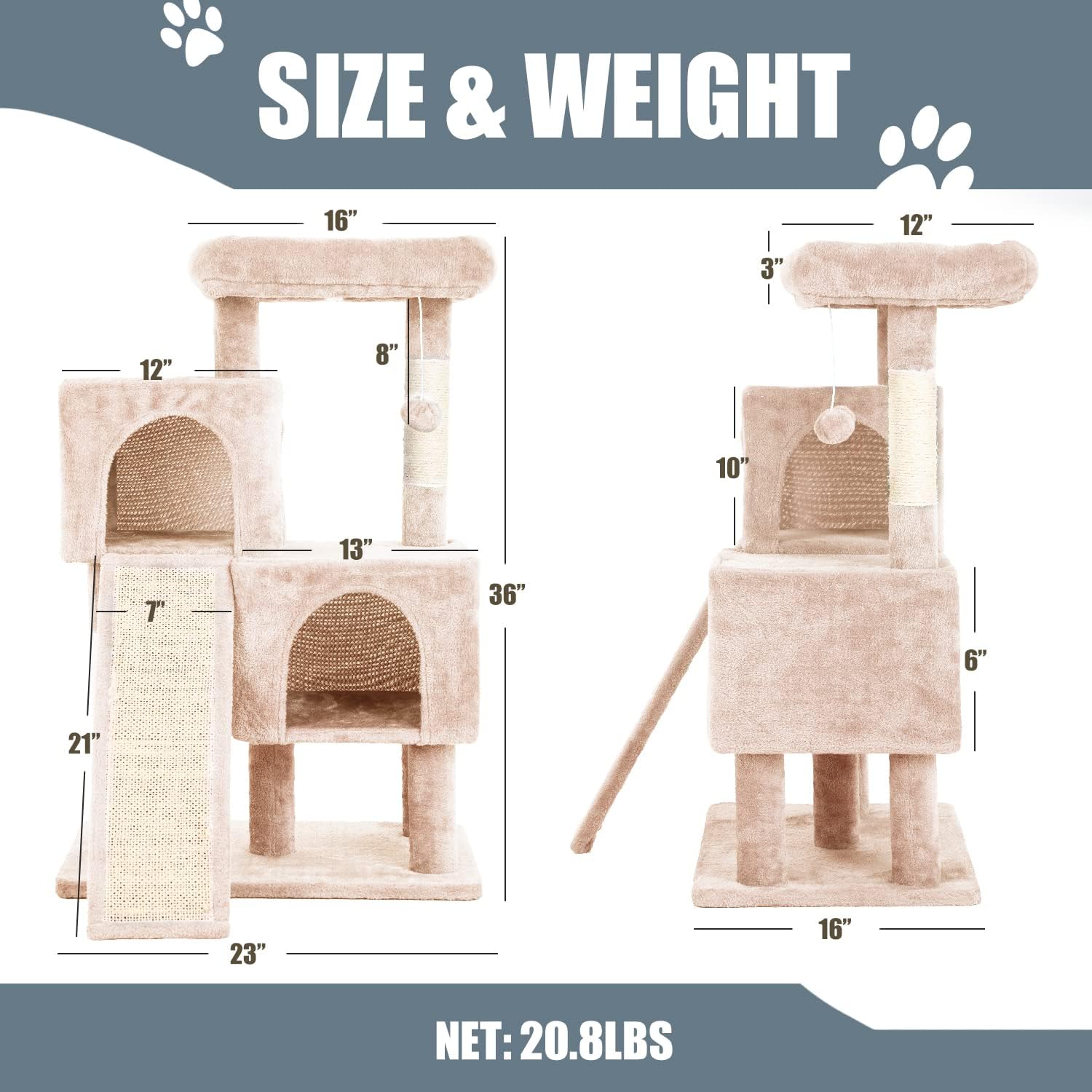 Cat Tree for Indoor Cats, 36in Cat Tower Multi-Level Cat Condo with Sisal Scratching, Scratching Board, Dangling Ball, Extra Large Perch for Cats and Kittens (Beige)